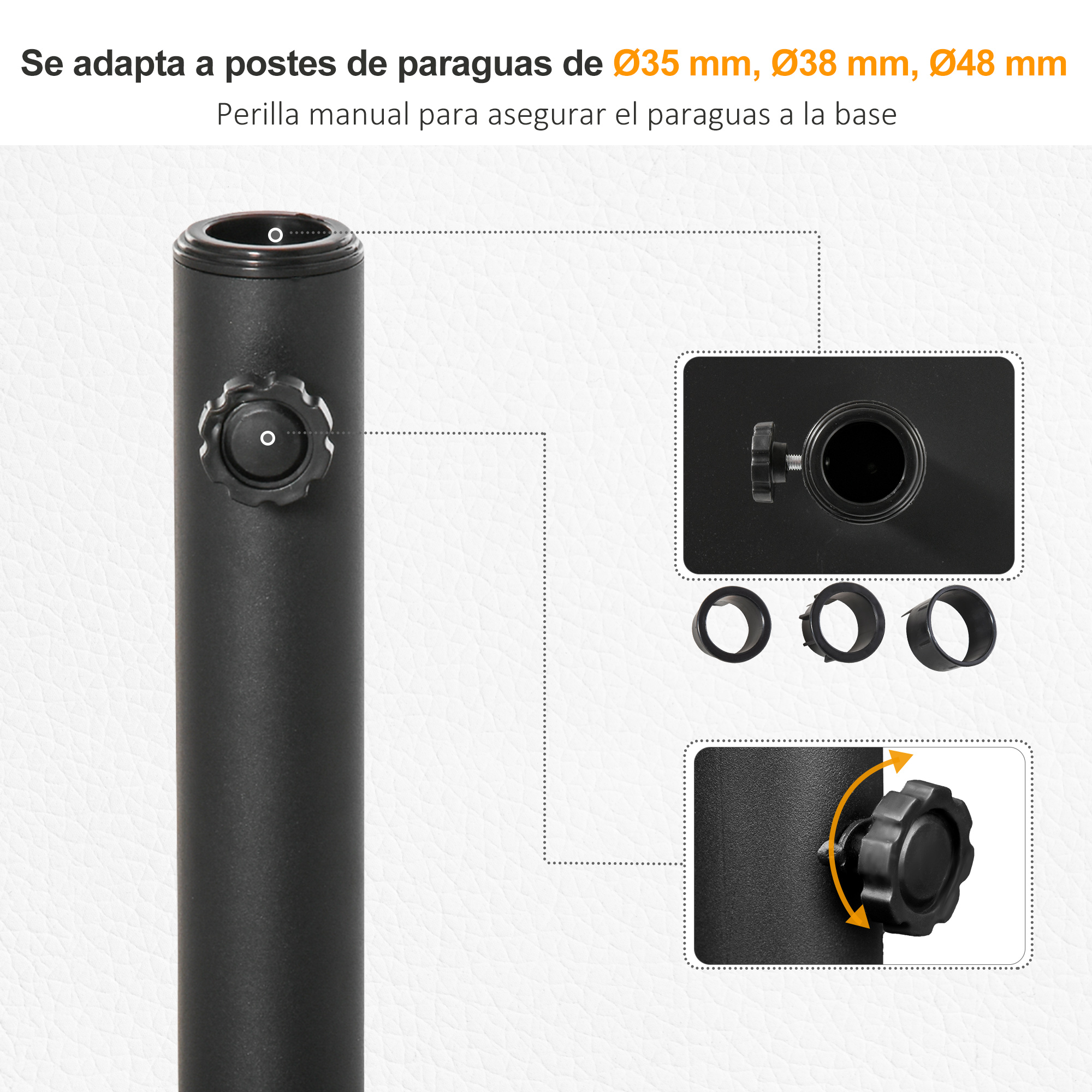 Tubo negro para sombrilla con perilla manual para asegurar postes de varios tamaños.