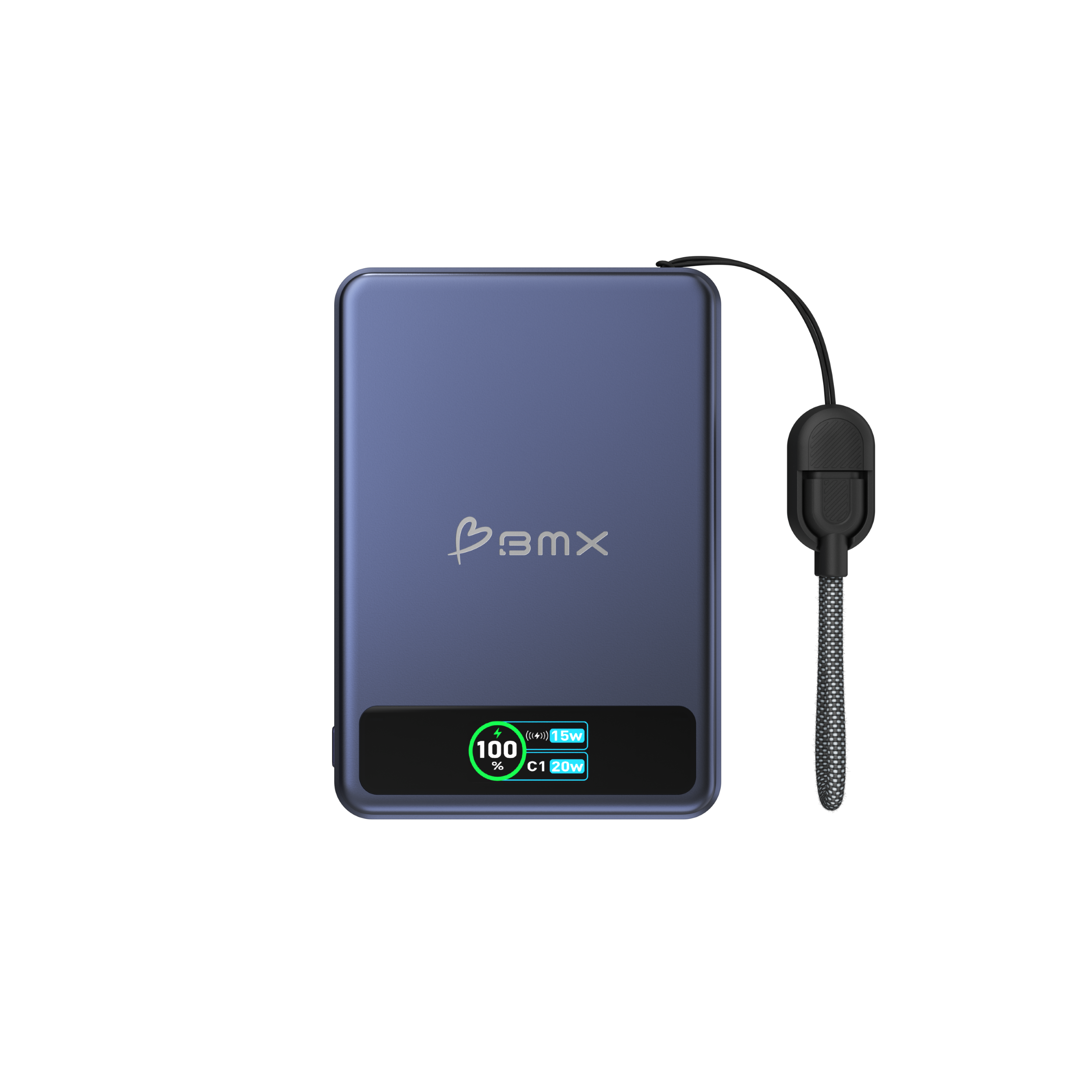 Blauer Akku mit digitaler Anzeige: 100% Ladung, 15W und 20W Leistung.