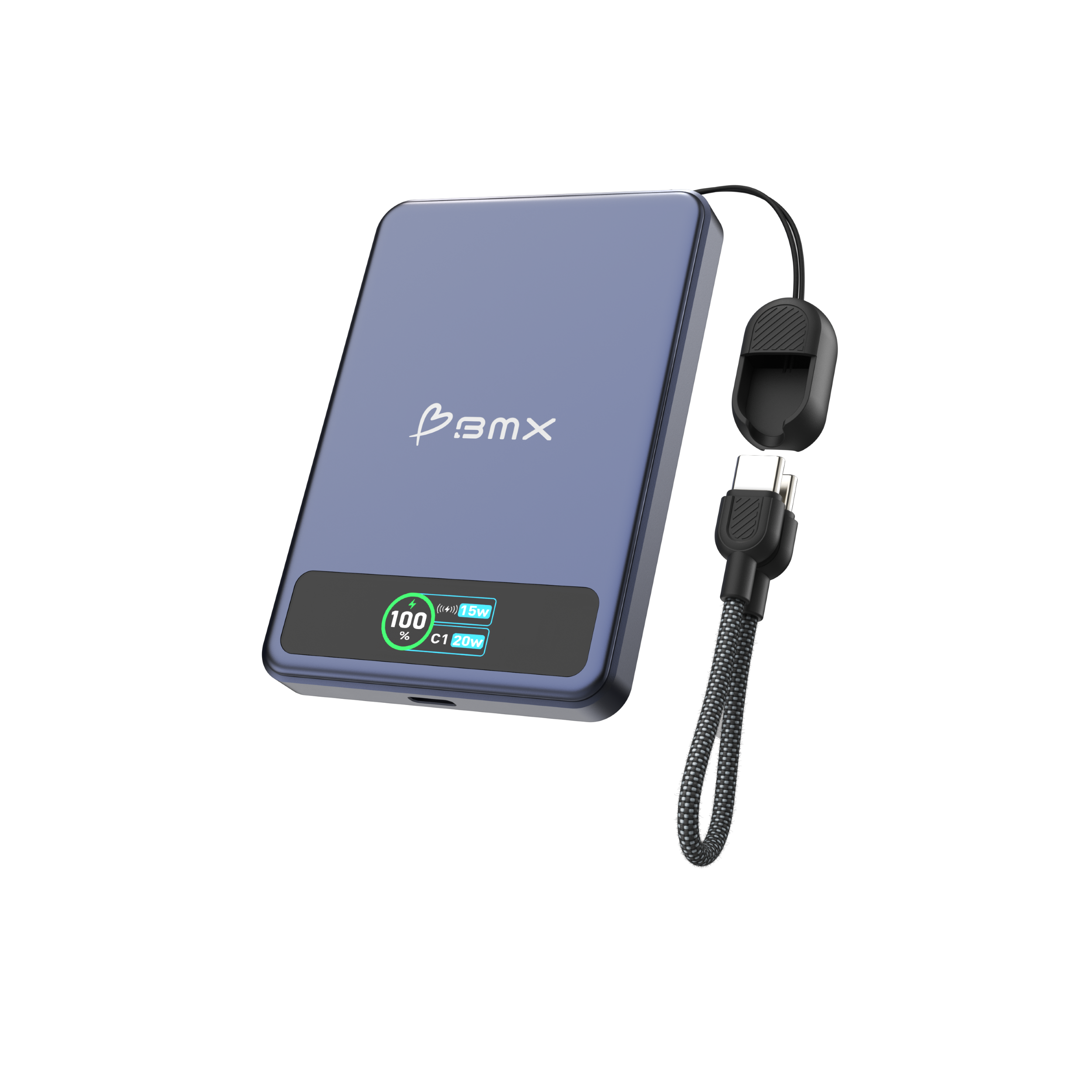 Blaue Powerbank mit 100% Ladung, 15W kabellos und 20W USB-C Ausgang.