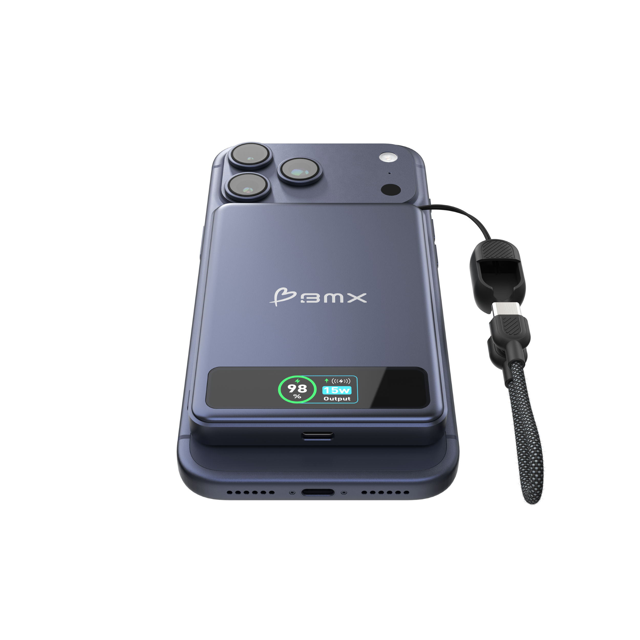 Ein blaues Smartphone mit einer Powerbank, verbunden über USB-C.