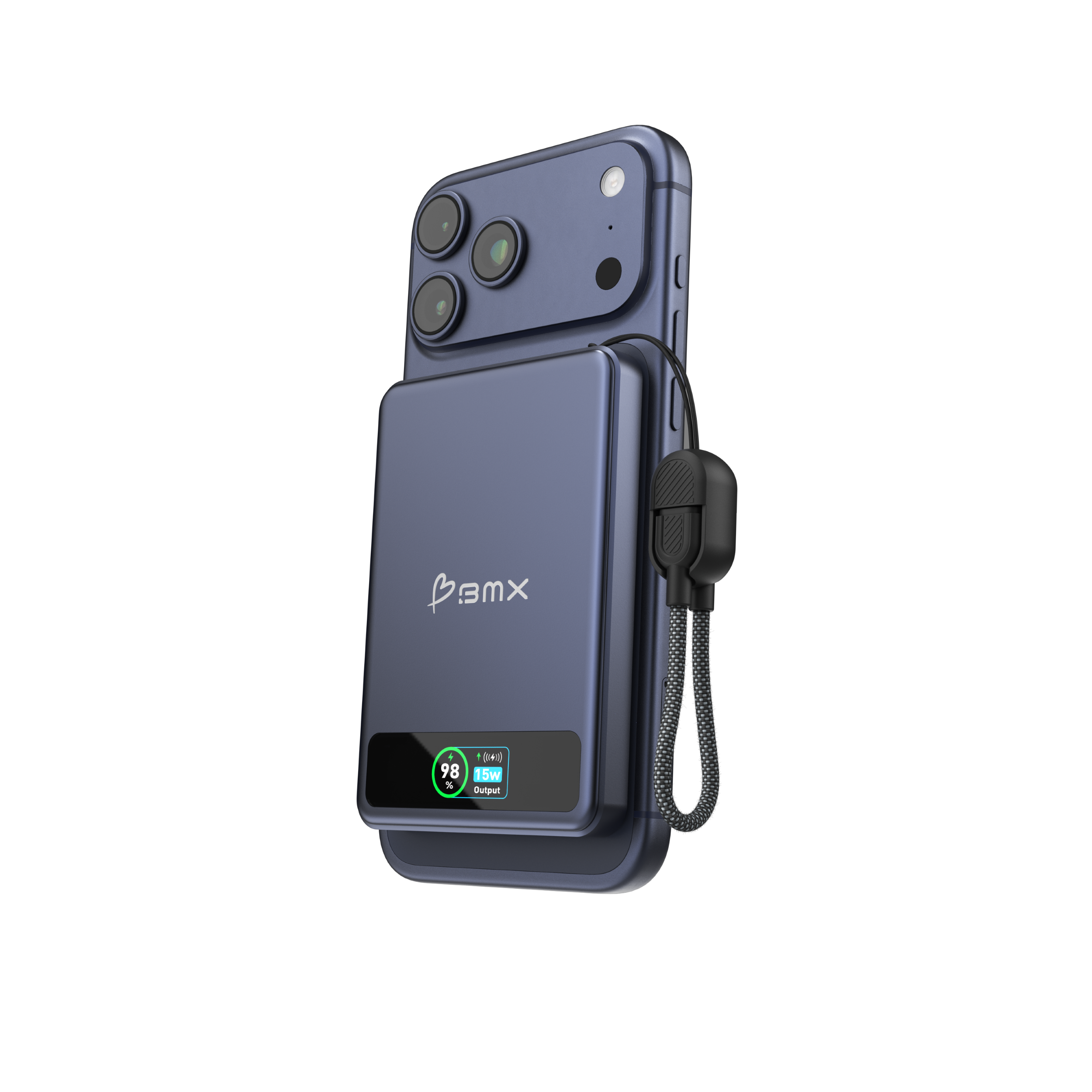 Ein blaues Smartphone mit angebrachtem blauem Akku, der 98% Ladung anzeigt.