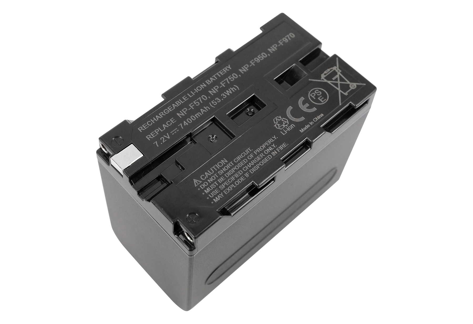 Schwarzer Akku mit Aufschriften: Li-Ion, 7.2V 7400mAh, Achtungshinweise.