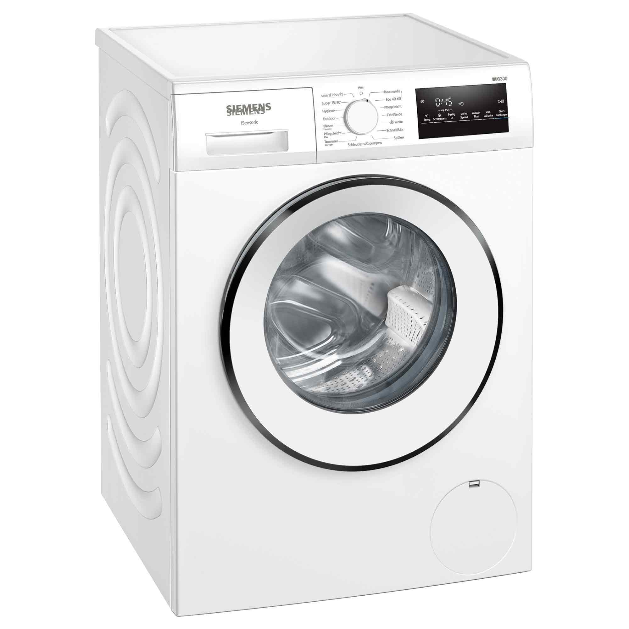 Eine weiße Siemens Waschmaschine mit digitalem Display und runder Tür.