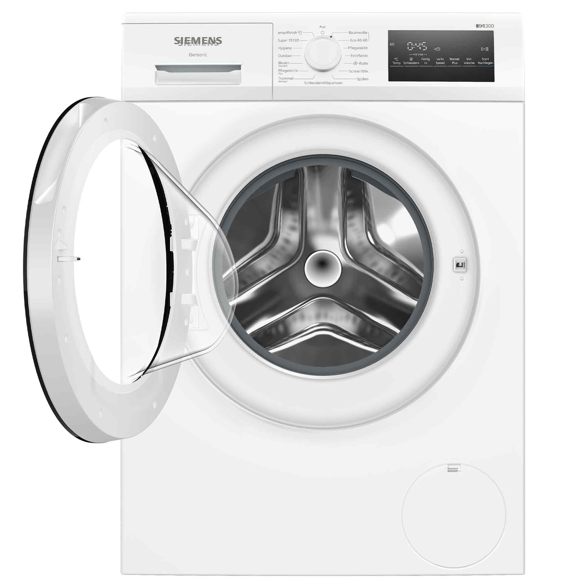 Eine weiße Siemens Waschmaschine mit geöffneter Tür, Bedienfeld oben.