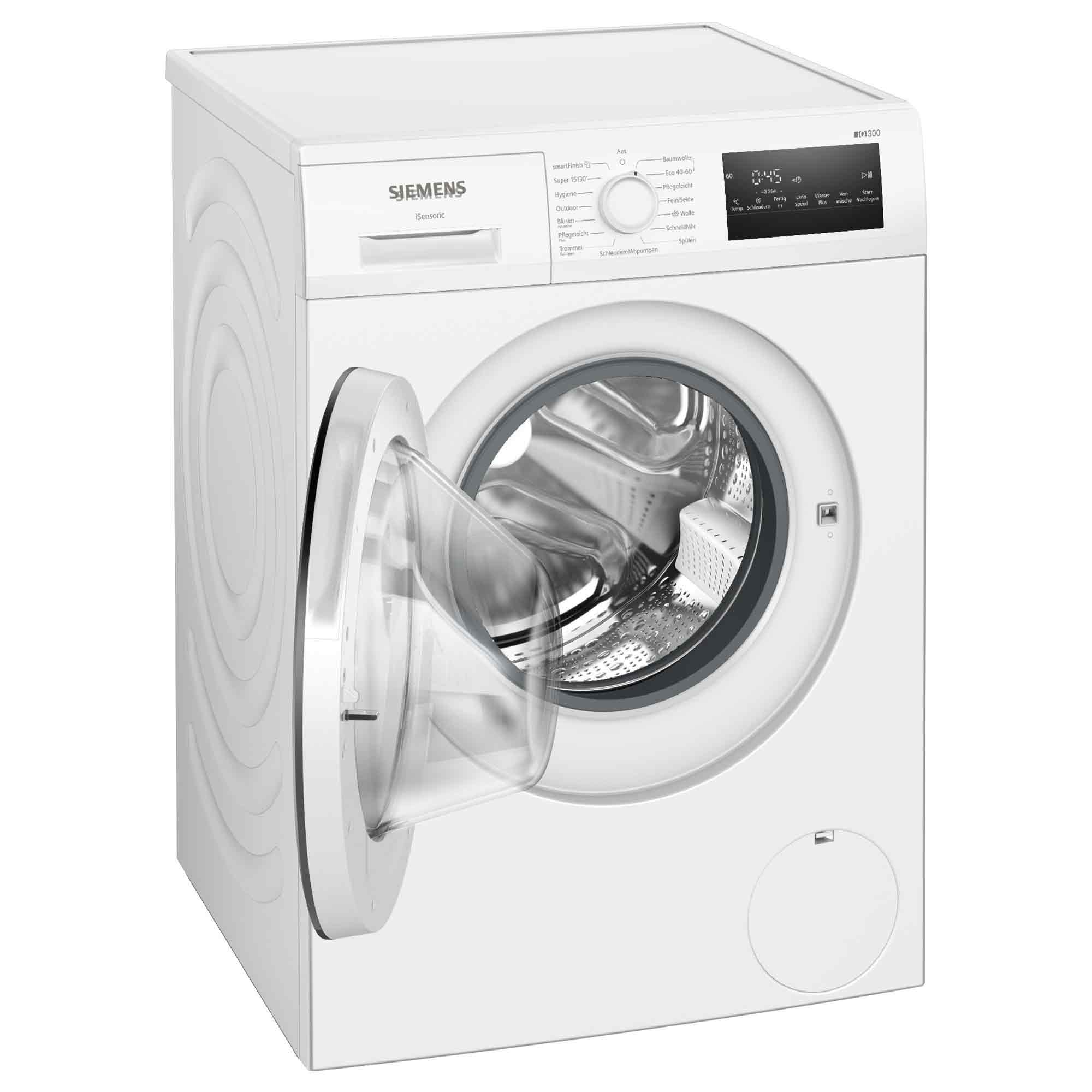 Eine weiße Siemens Waschmaschine mit geöffneter Tür und sichtbarer Trommel.