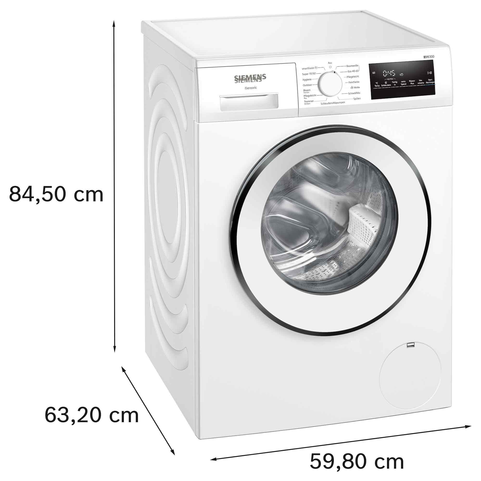 Eine weiße Siemens Waschmaschine mit digitalem Display und Maßen 84,50 x 63,20 x 59,80 cm.