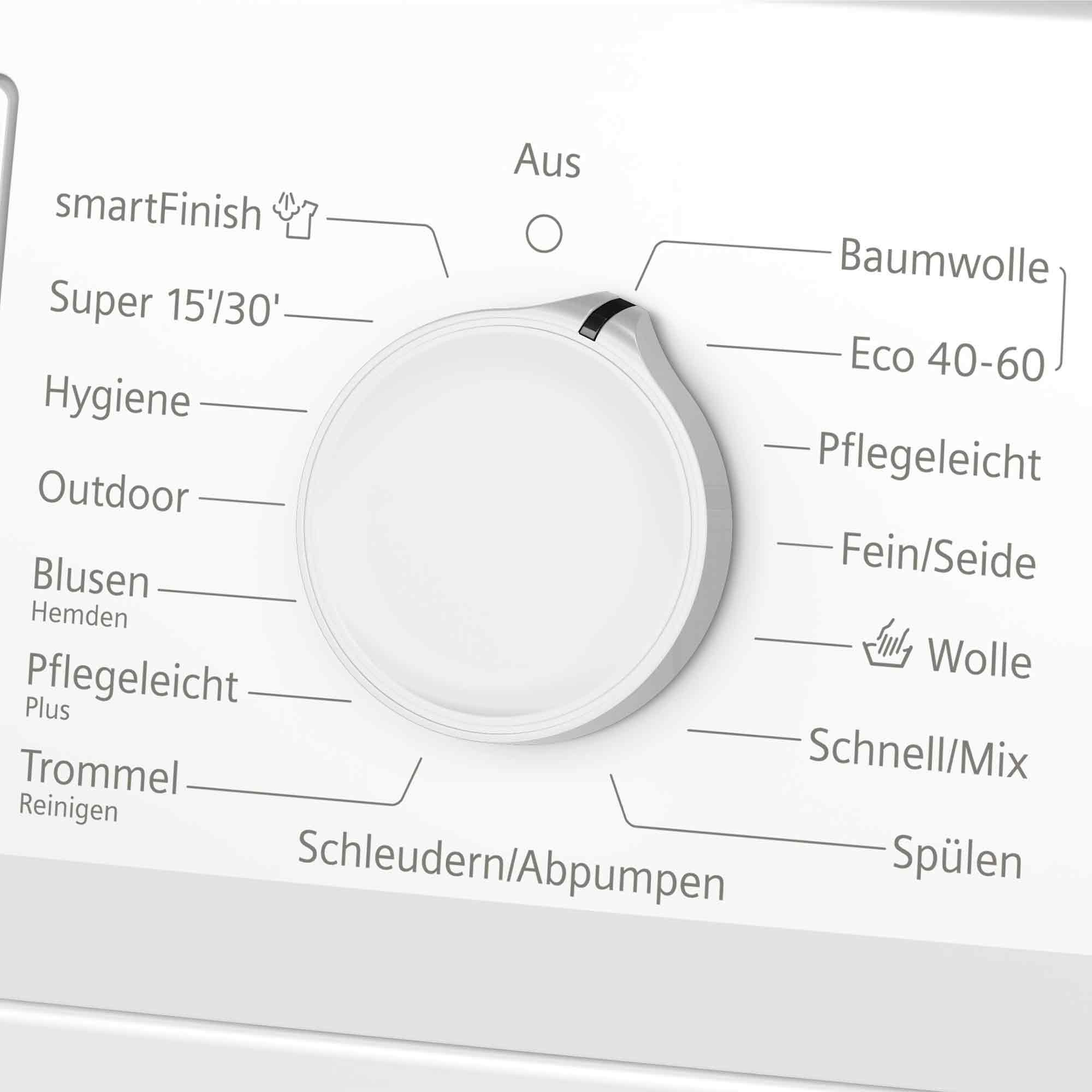 Bedienfeld einer Waschmaschine mit Programmauswahlknopf und Beschriftungen.