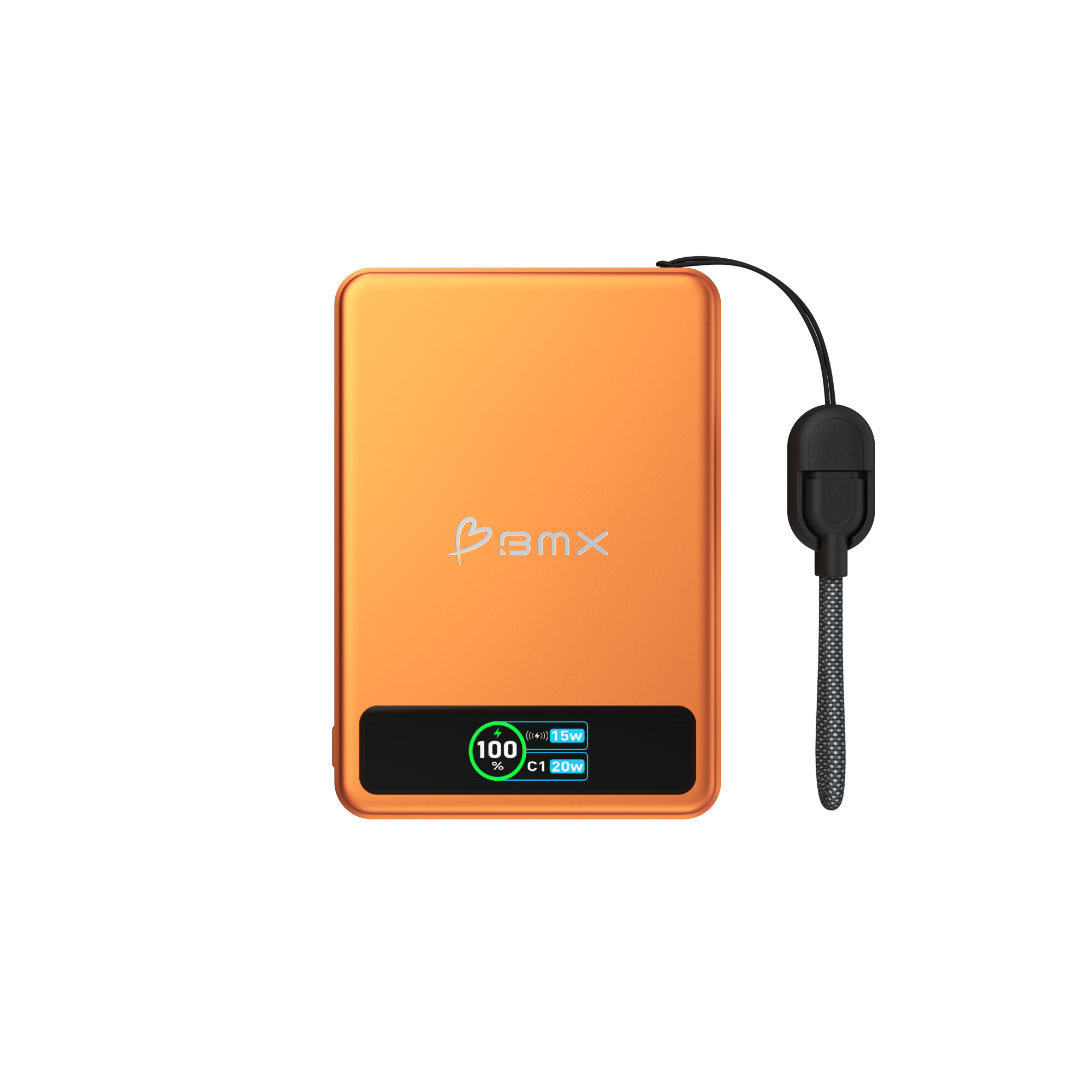 Orange Powerbank mit digitaler Anzeige, zeigt 100% und 15W/20W an.