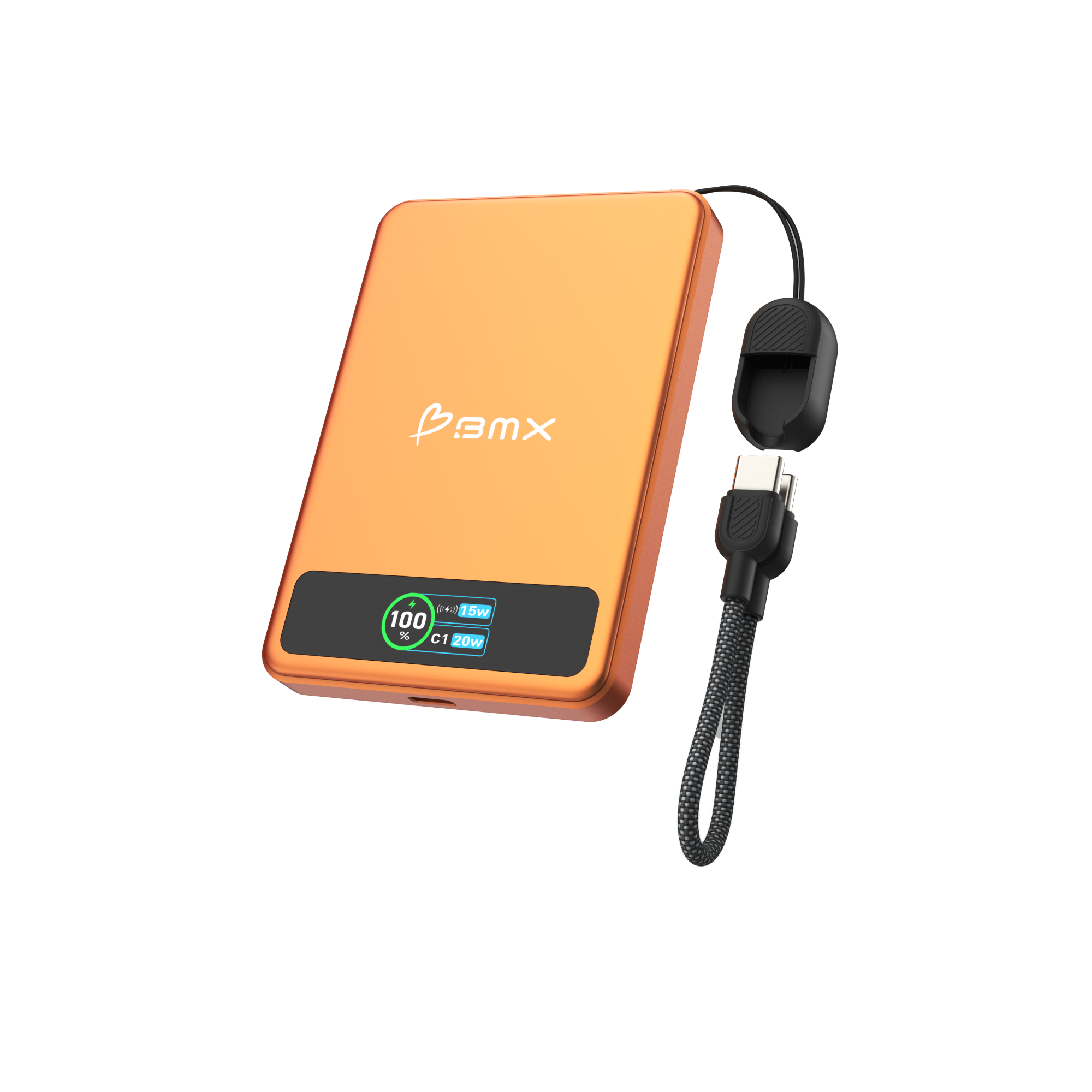 Ein orangefarbenes Powerbank mit schwarzem Ladekabel und USB-C-Anschluss.