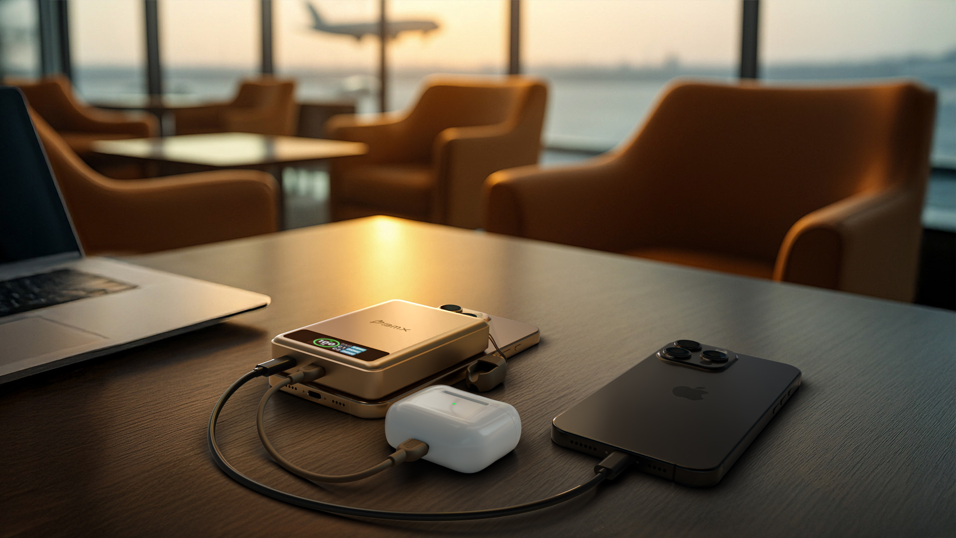 Laptop, Powerbank, Telefon und Ohrhörer laden in einer Flughafenlounge.