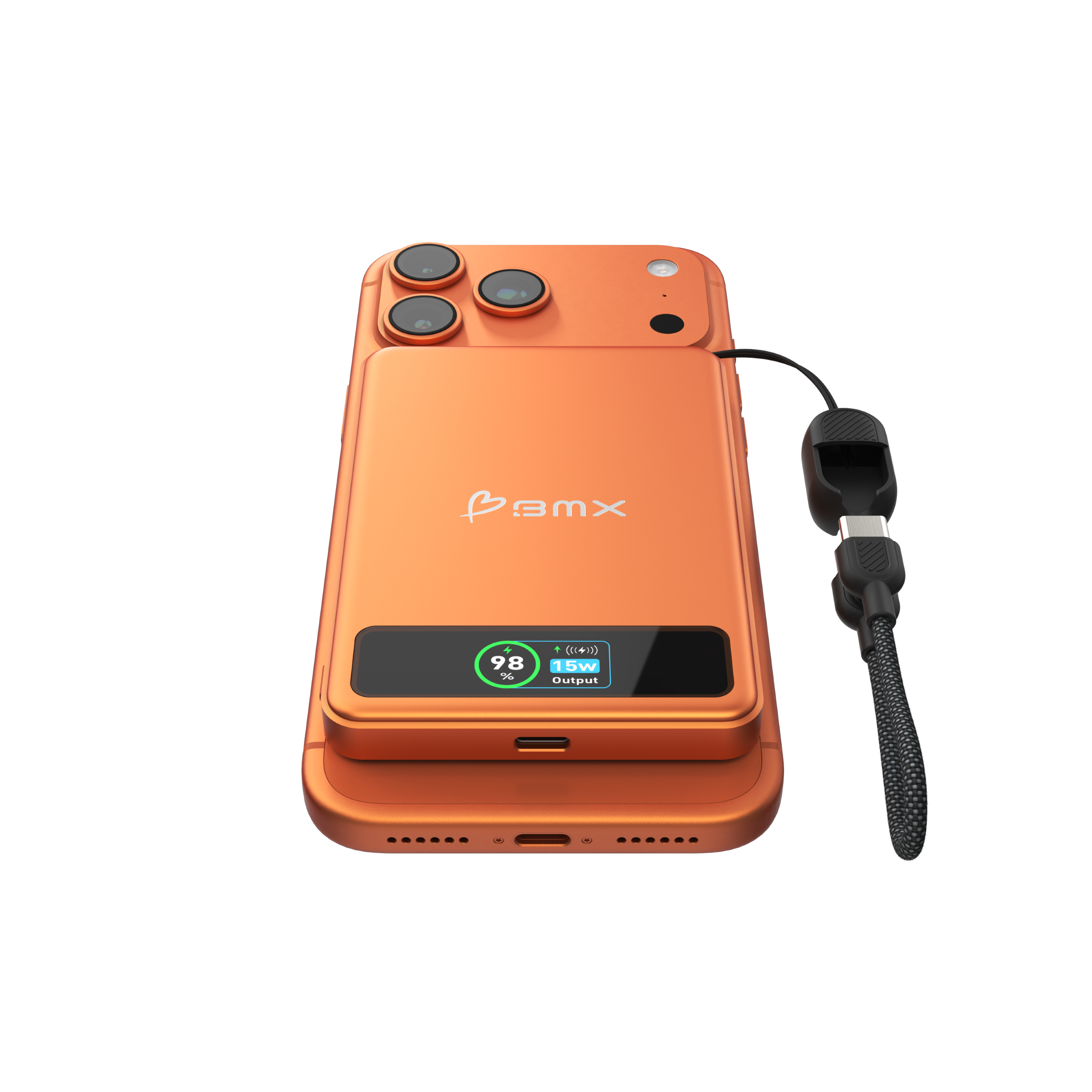Ein orangefarbenes Handy mit einer Powerbank, die über ein USB-C-Kabel verbunden ist.
