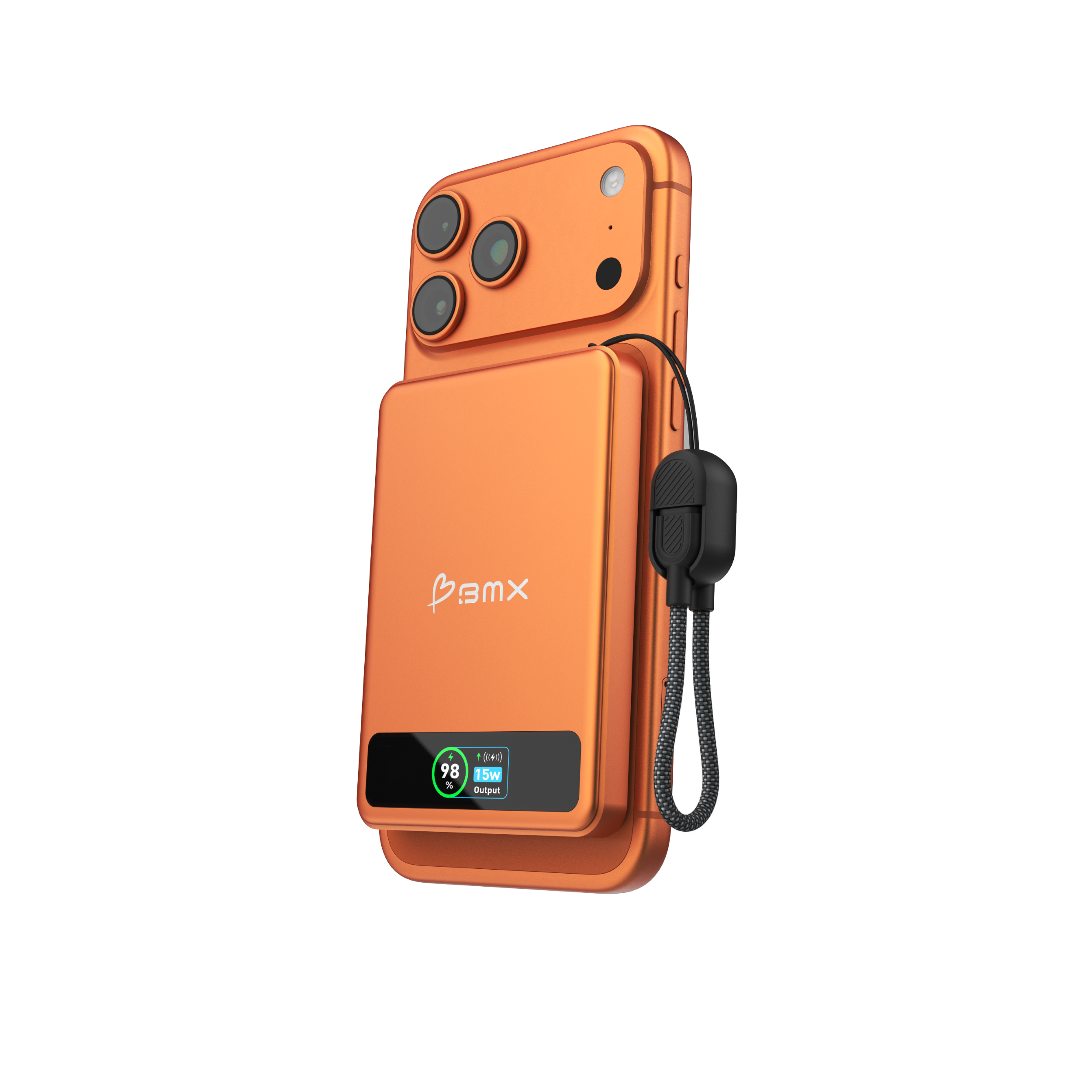 Orangefarbenes Smartphone mit angebrachtem Akku und einem Lanyard. Details auf dem Bildschirm.