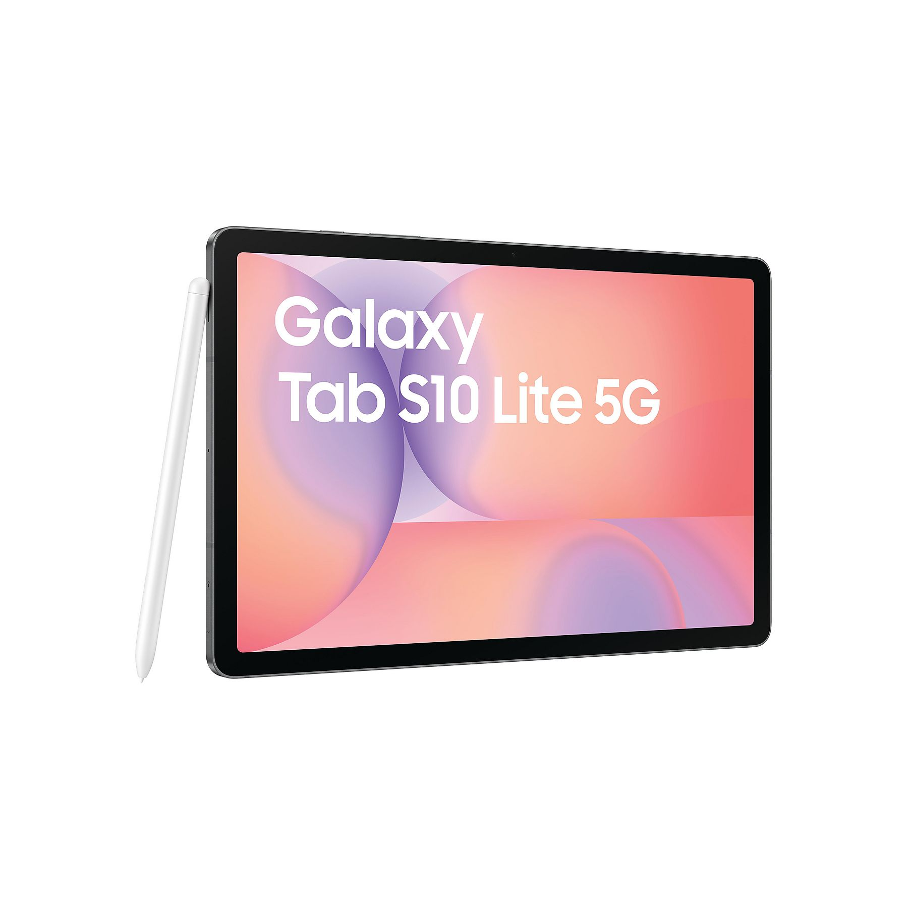 Grauer Samsung Galaxy Tab S10 Lite 5G mit weißem Stift auf weißem Hintergrund.