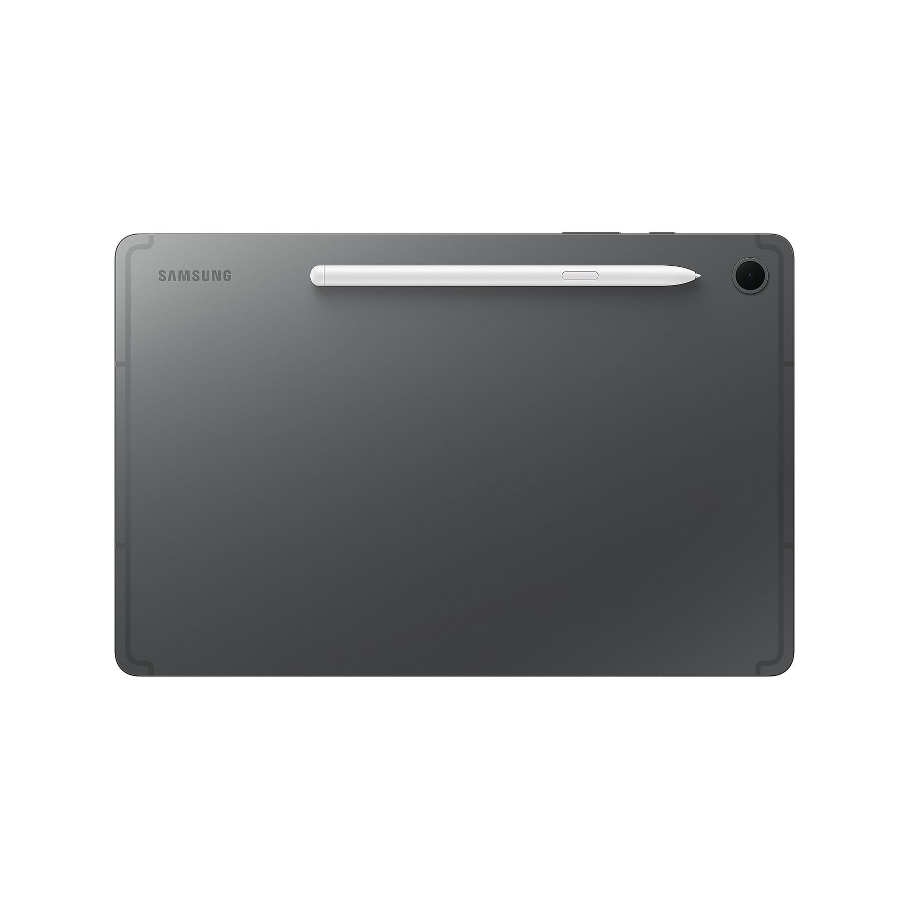 Ein dunkles Samsung Tablet mit einem weißen Stift auf der Rückseite.