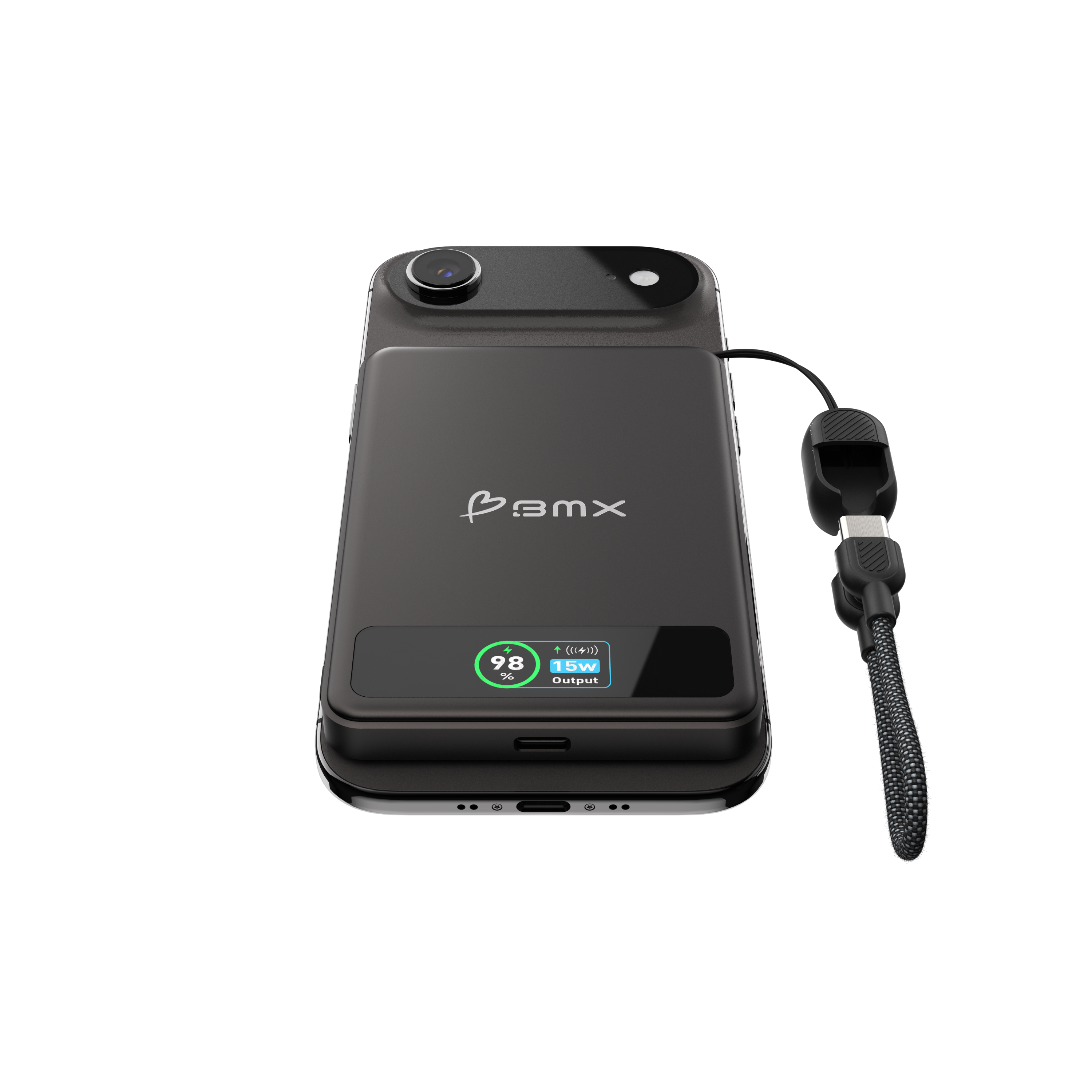 Ein schwarzes Smartphone mit angebrachtem Ladecase und einem USB-C-Kabel.