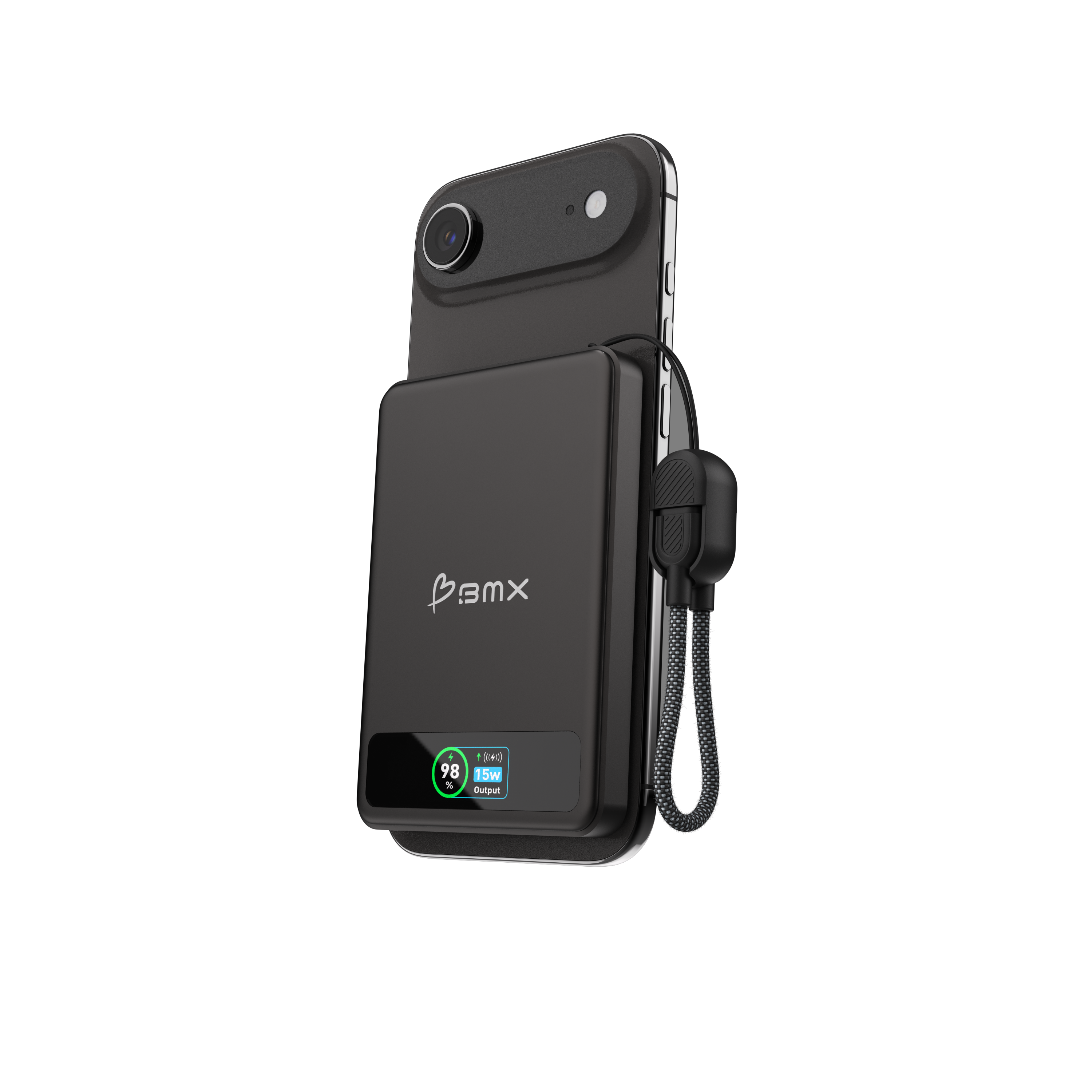 Schwarzes iPhone mit angeschlossenem schwarzem Akkupack. Bildschirm zeigt 98% und 15W Leistung.
