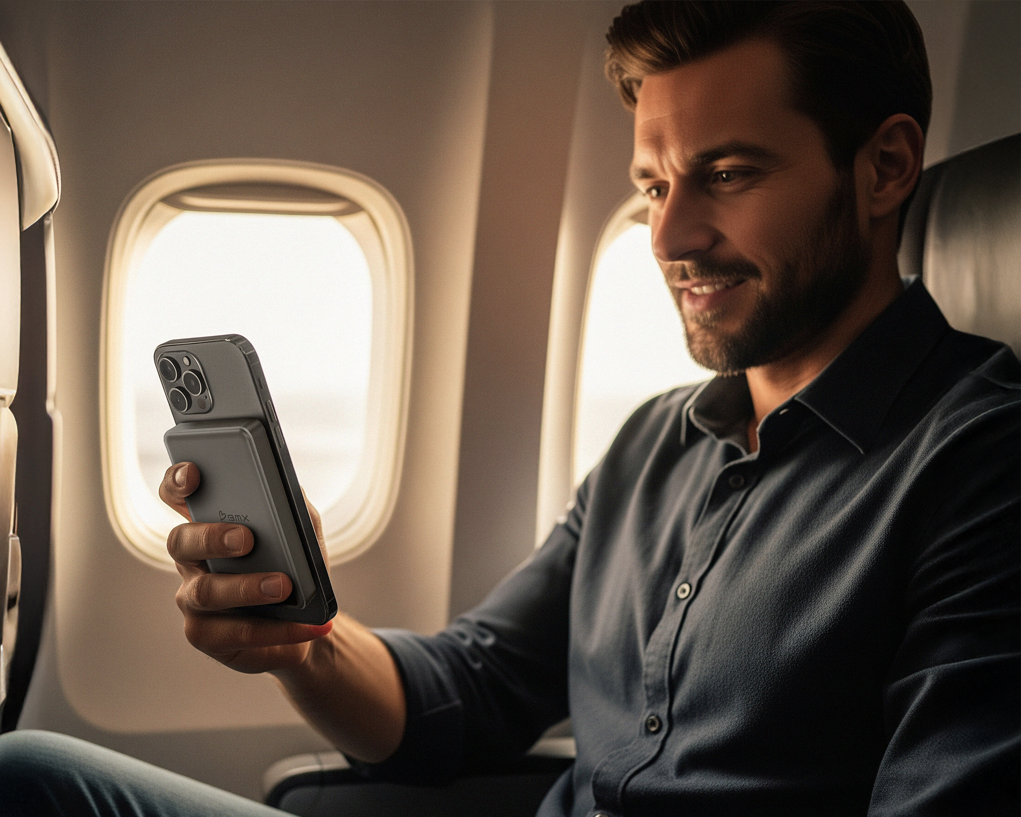 Mann im Flugzeug hält ein Smartphone mit angebrachtem Akku in der Hand.