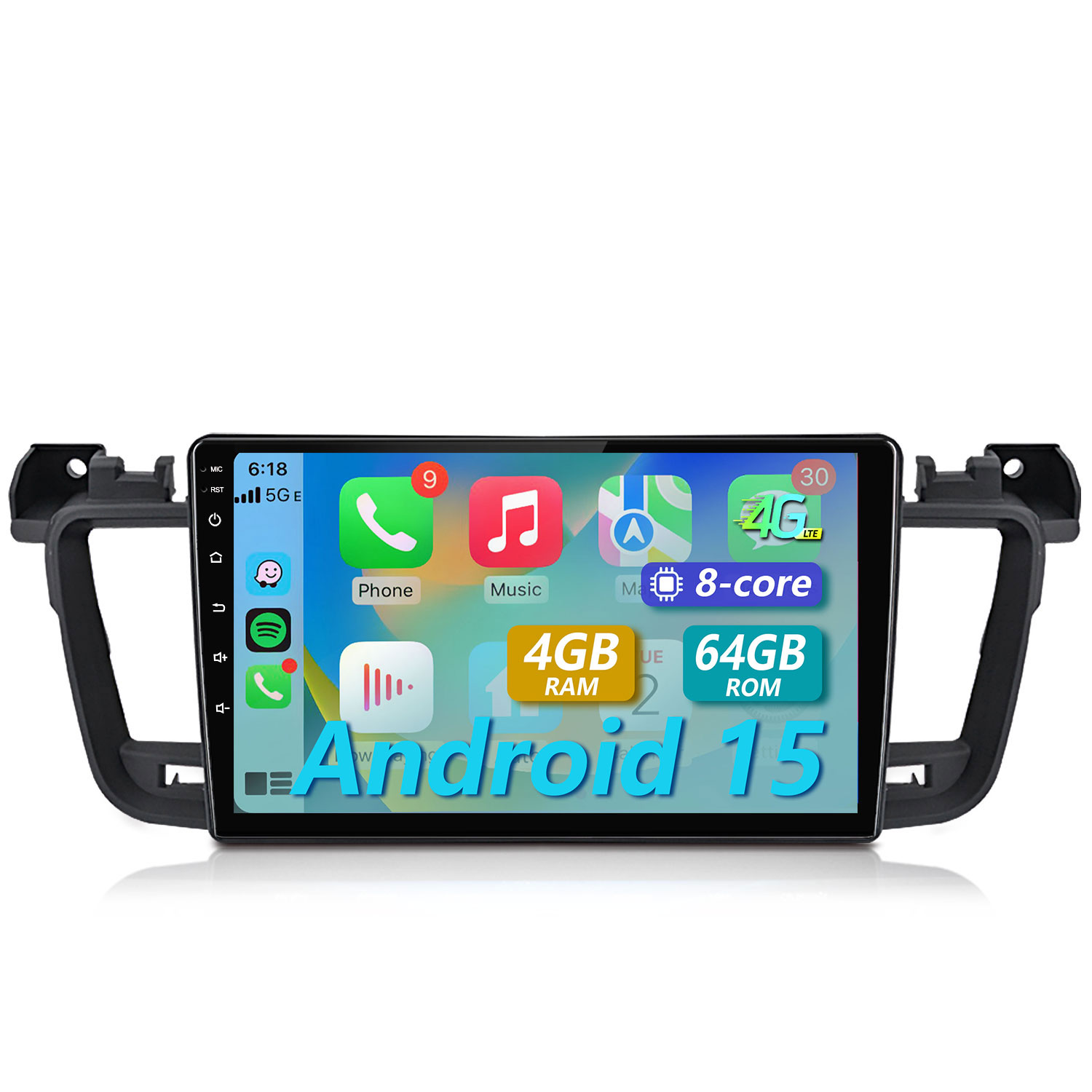 Ein Auto-Infotainment-System mit Android 15, 8-Kern, 4 GB RAM, 64 GB ROM.