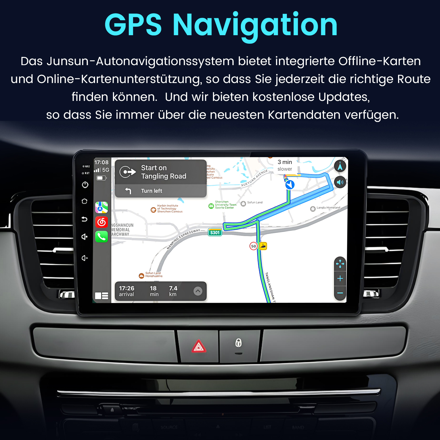 Ein Auto-Navigationssystem mit Kartenansicht, das die Route anzeigt.