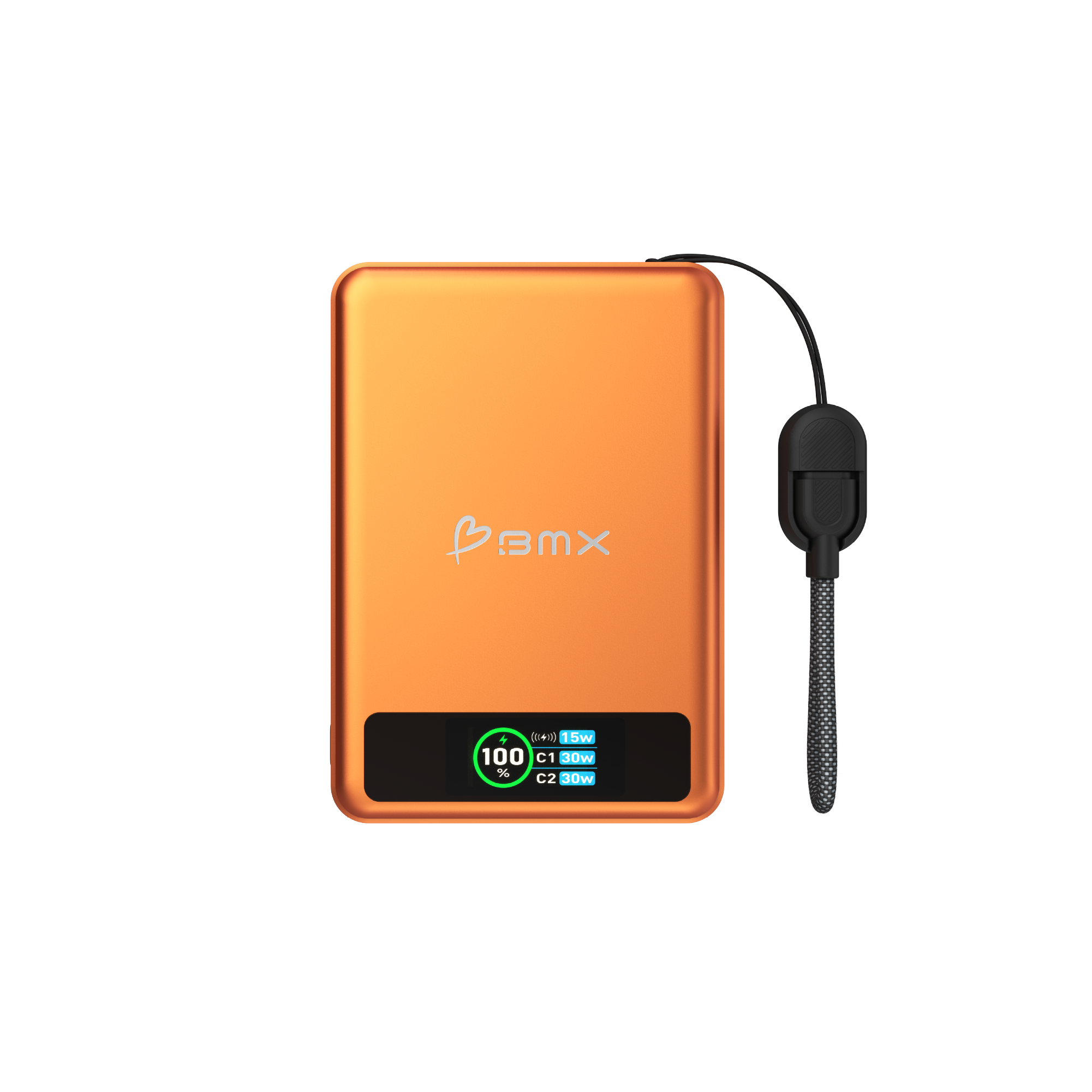 Orange Powerbank mit 100% Akku, 15W, C1 30W, C2 30W.