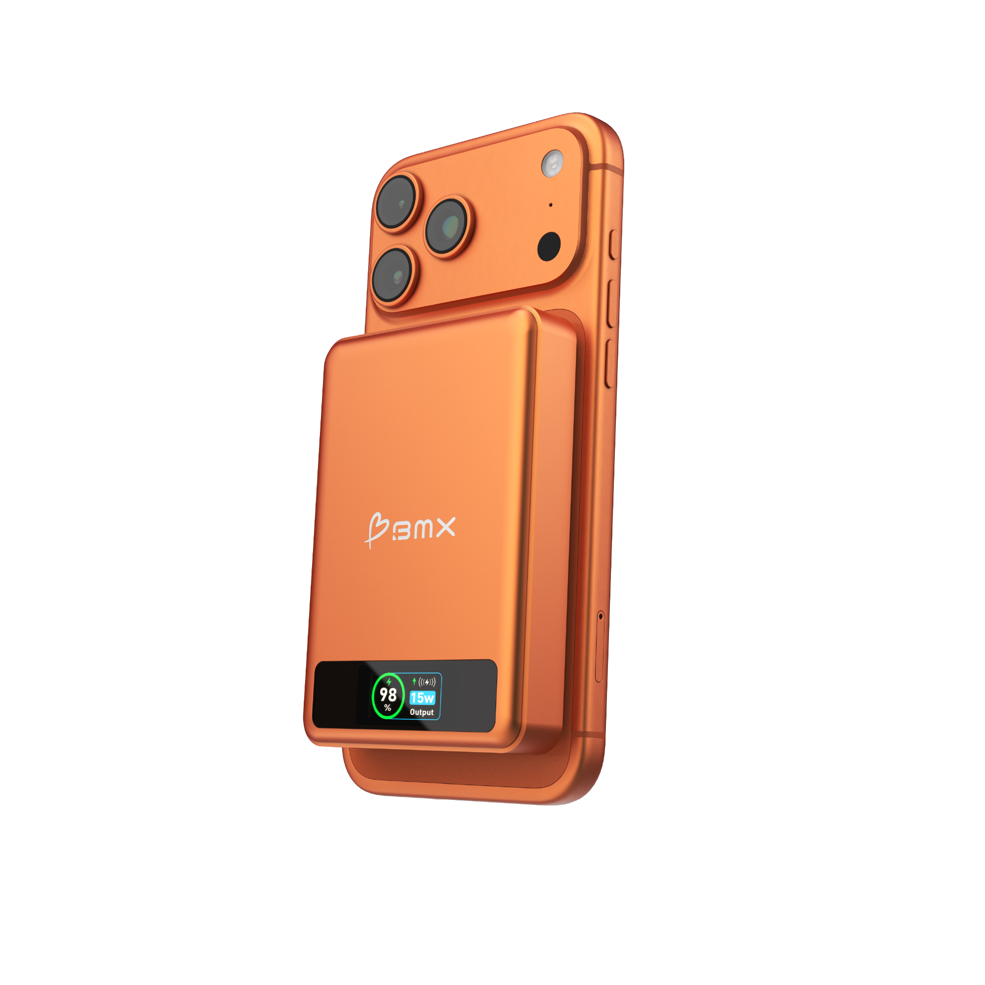 Orangefarbenes Smartphone mit Akkupack. Zeigt 98% Akku und 15W Leistung.