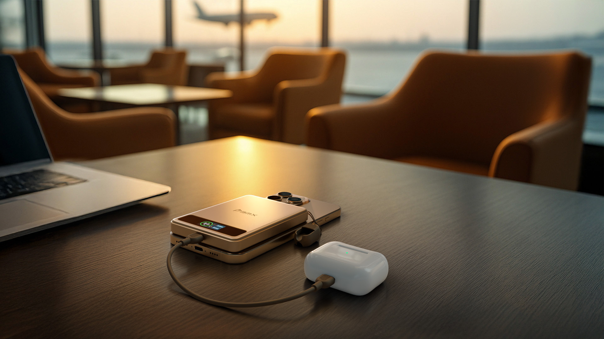 Laptop, Powerbank, Handy und Ohrhörer auf einem Tisch in einer Flughafenlounge mit Flugzeug draußen.