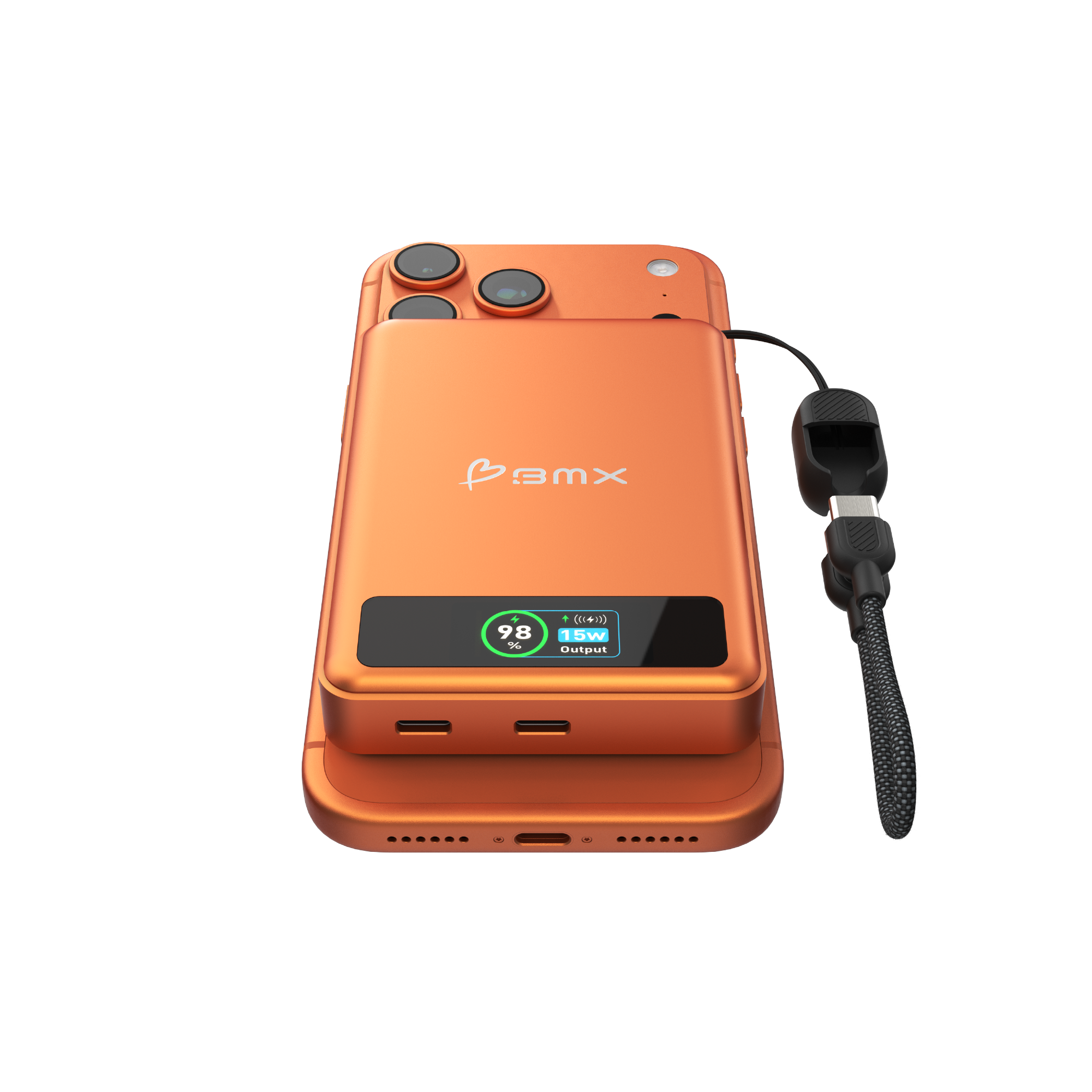 Orangefarbenes iPhone mit Ladecase. Anzeige zeigt 98% Akku und 15W Ausgang.