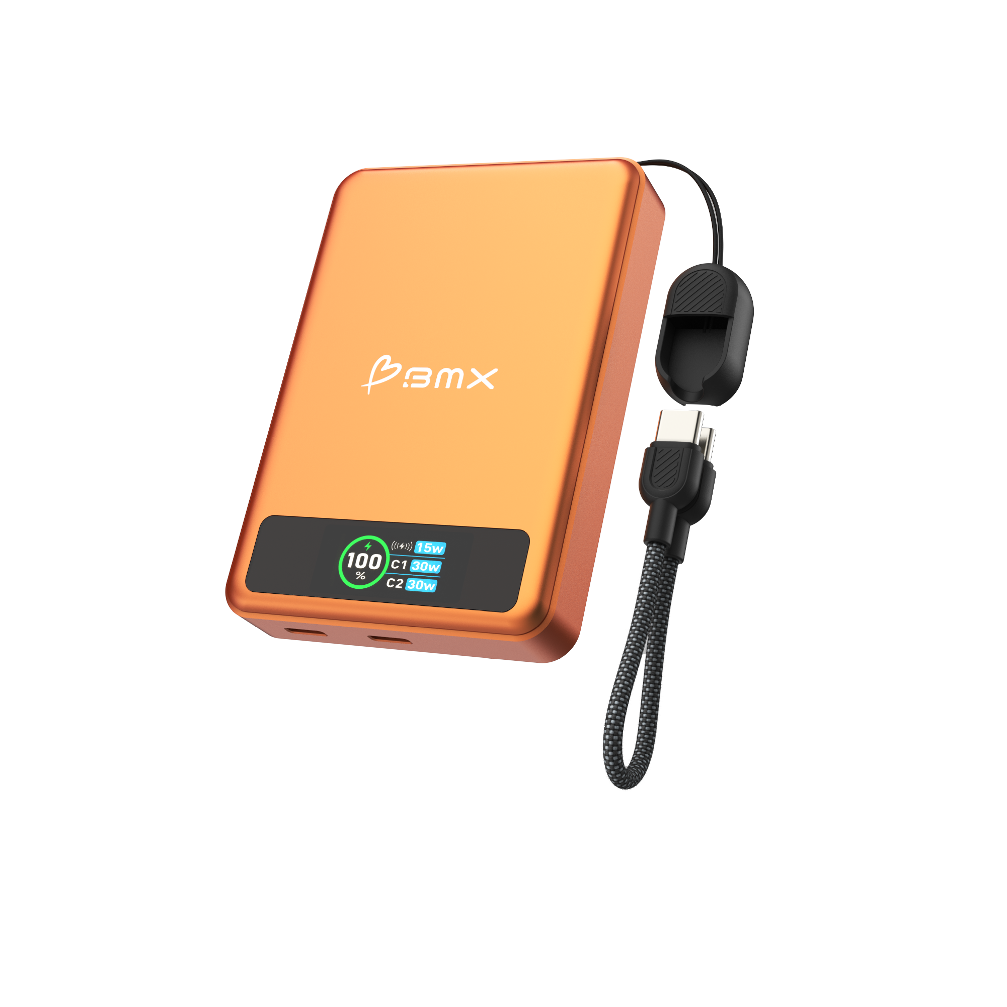 Orange Powerbank mit Display: 100% Ladung, 15W, C1 30W, C2 30W.