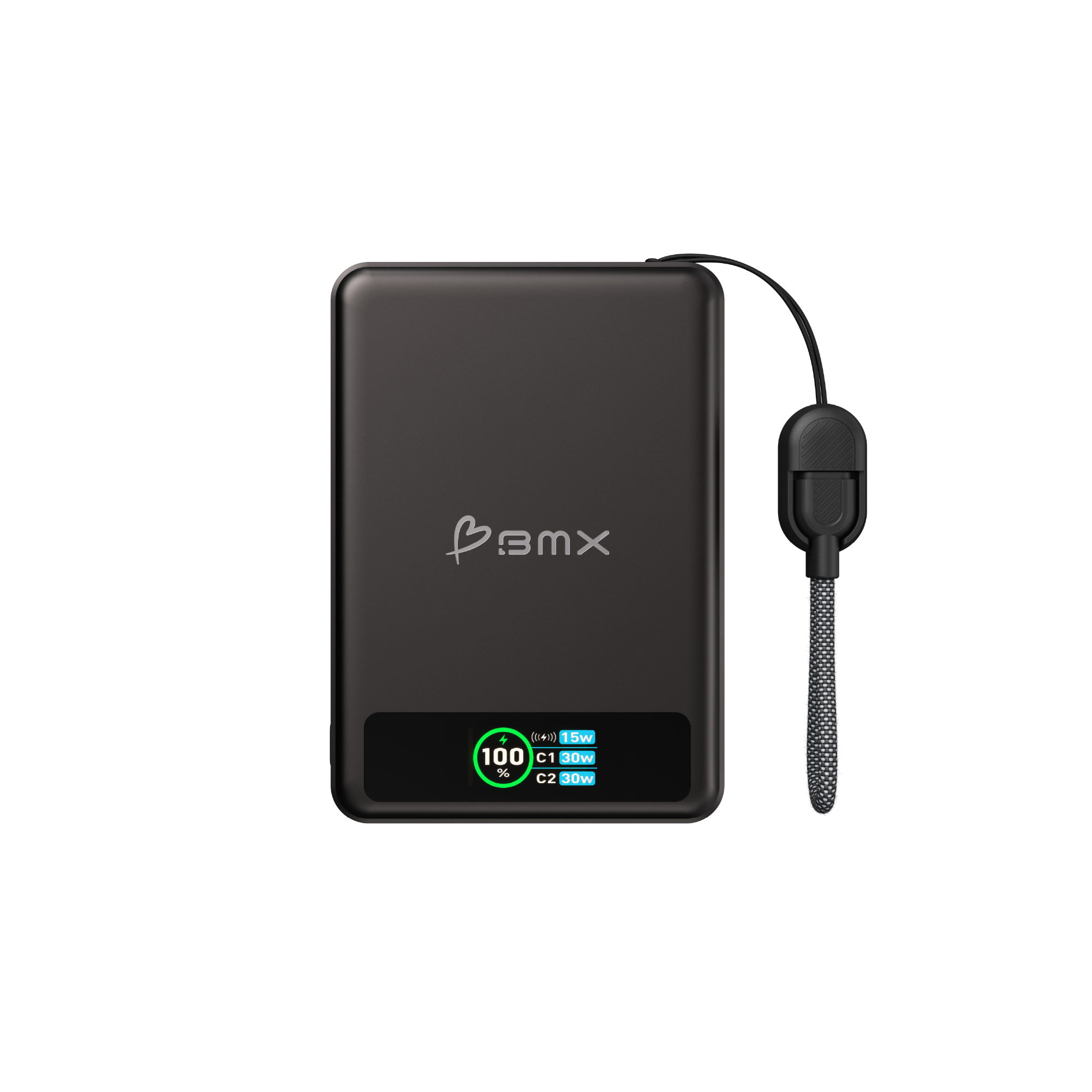 Ein dunkler Powerbank mit 100% Akku und 15W Leistung.