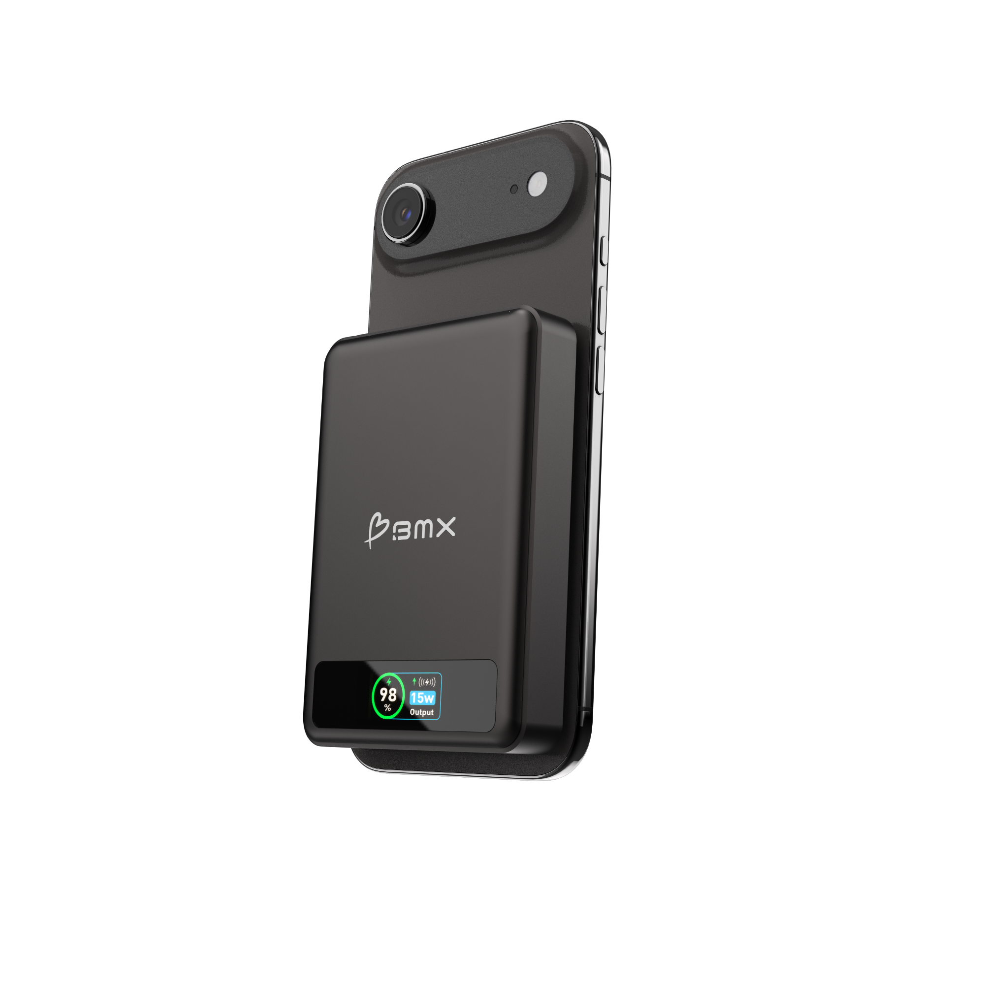 Schwarzes Smartphone mit angebrachtem Akku, der 98 % Ladung anzeigt.