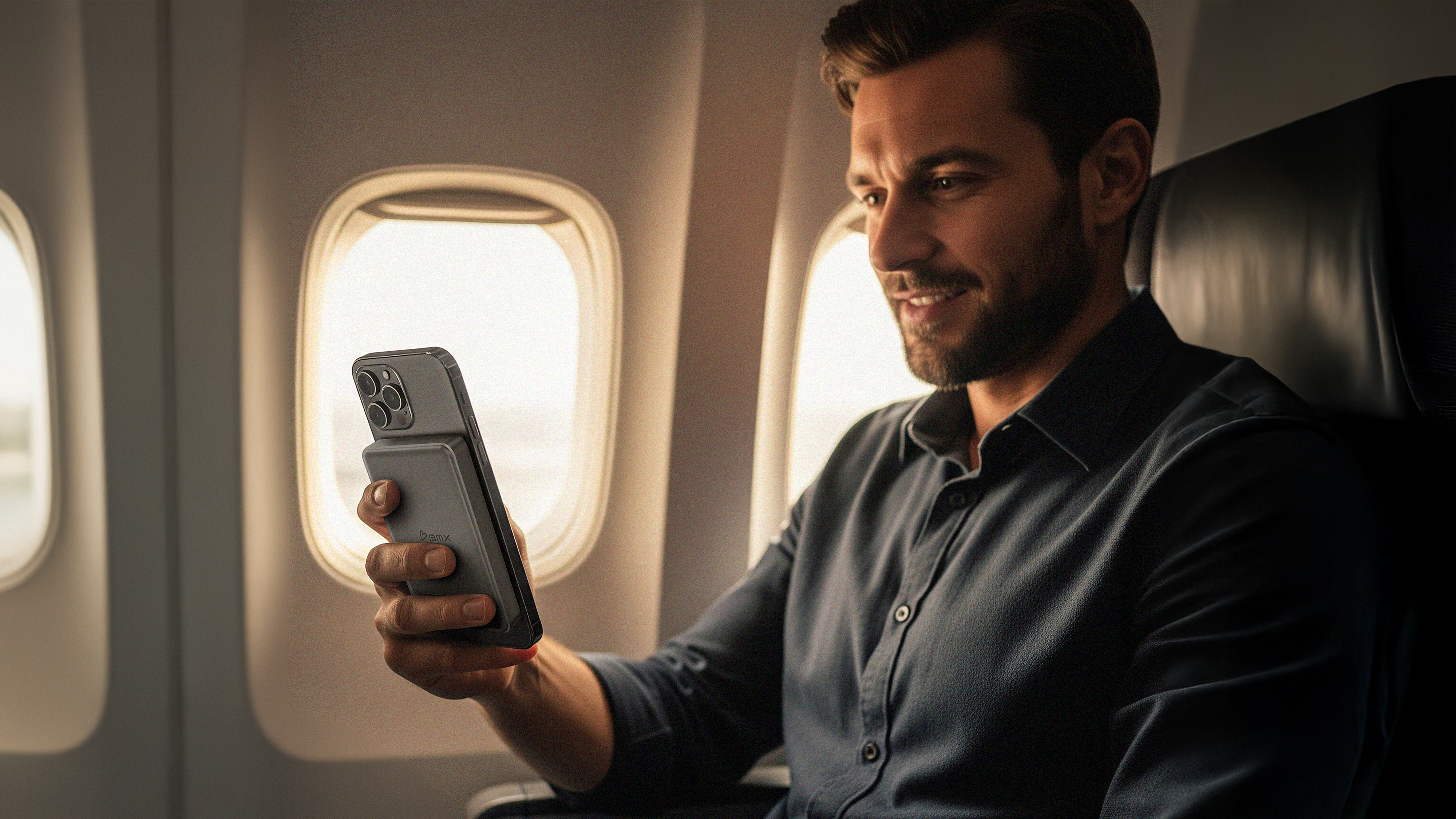 Mann im Flugzeug hält Handy mit Kamera in der Hand.