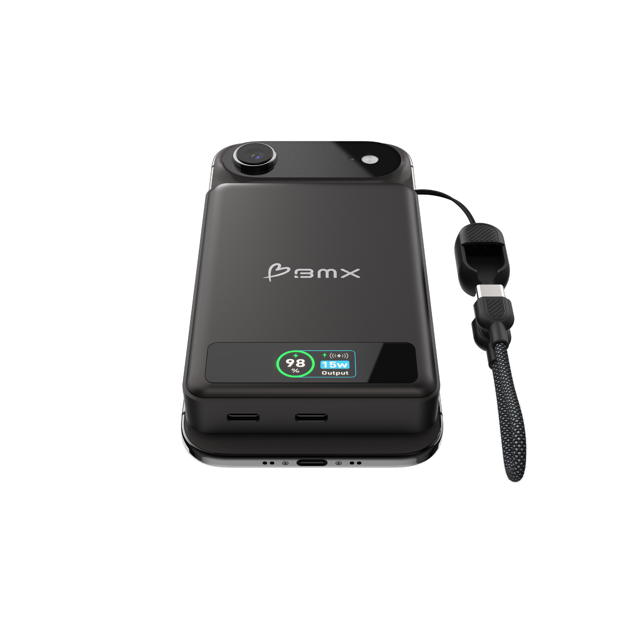 Schwarzer Powerbank mit 98% Akku, 15W Ausgang und USB-C-Kabel.