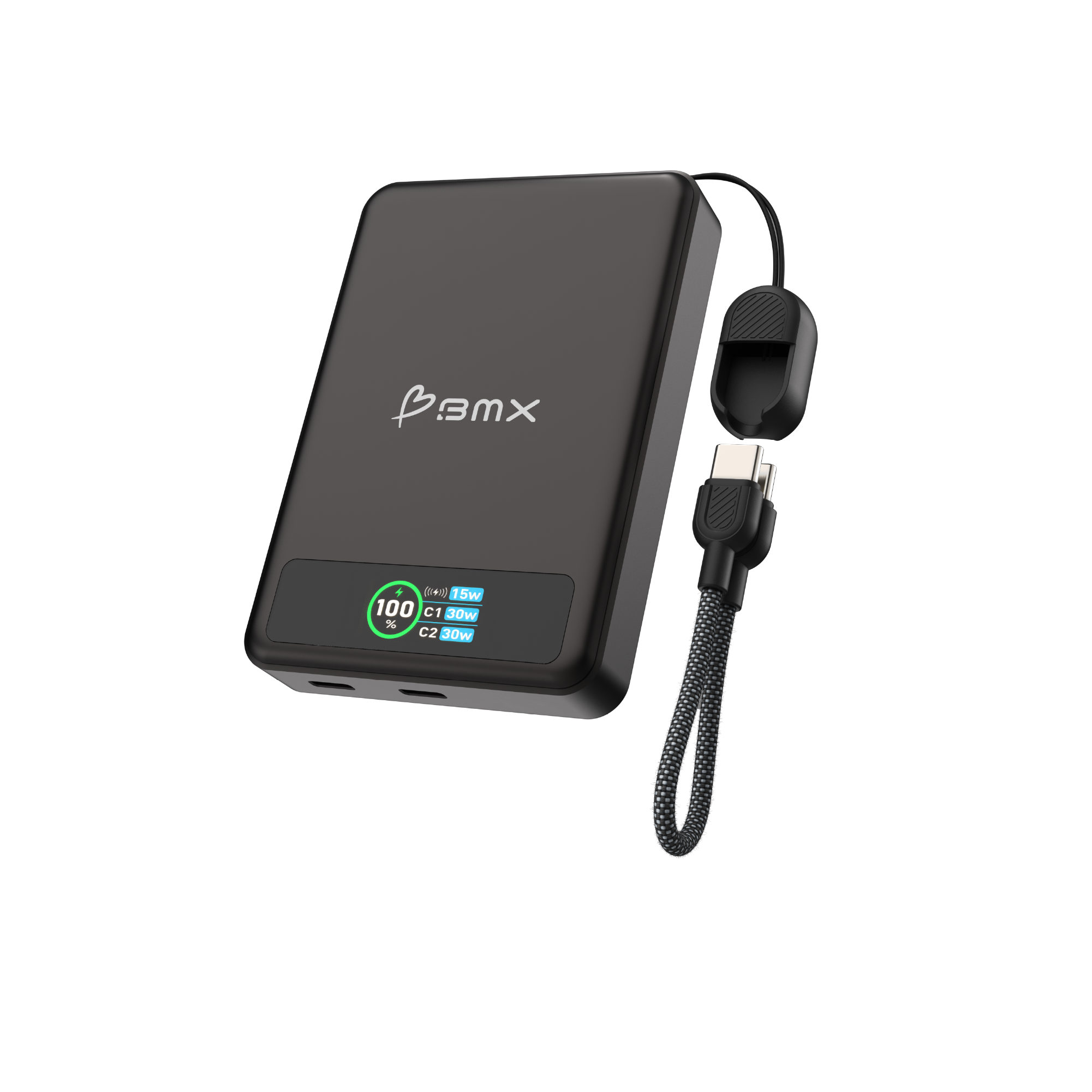 Schwarzer Powerbank mit 100% Ladung, USB-C-Kabel und Display.