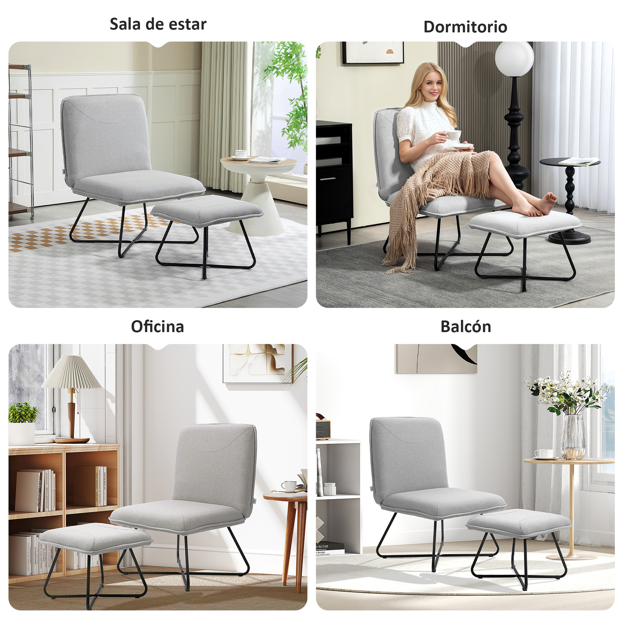 Cuatro escenas muestran un sillón gris con otomana en diferentes habitaciones.