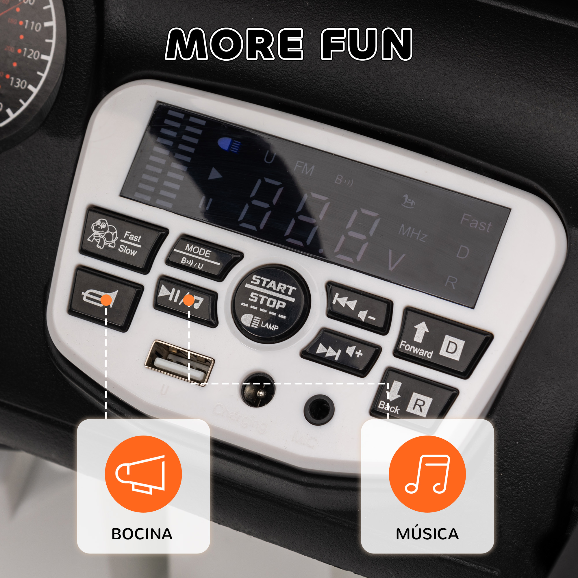 Panel de control con botones, puerto USB, pantalla e iconos de bocina y música.