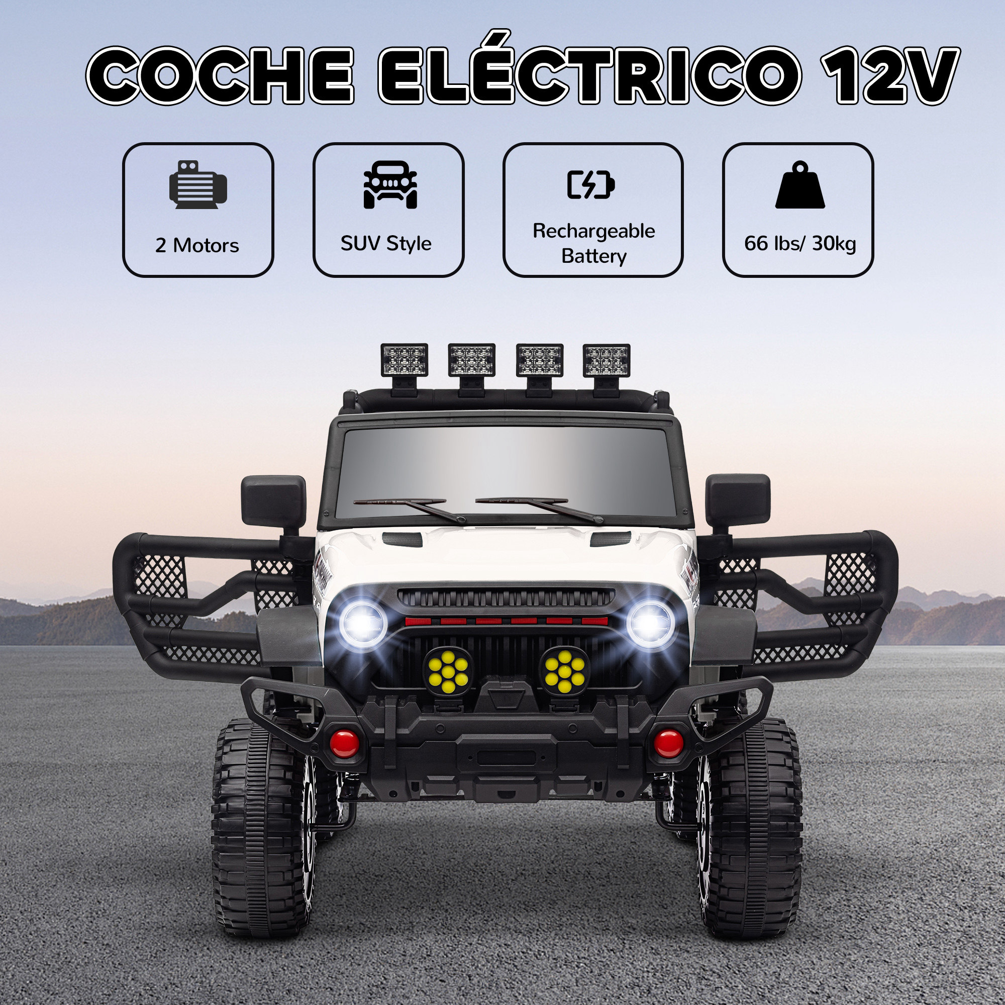 Un coche de juguete eléctrico blanco con cuatro faros, parachoques robusto y neumáticos grandes.