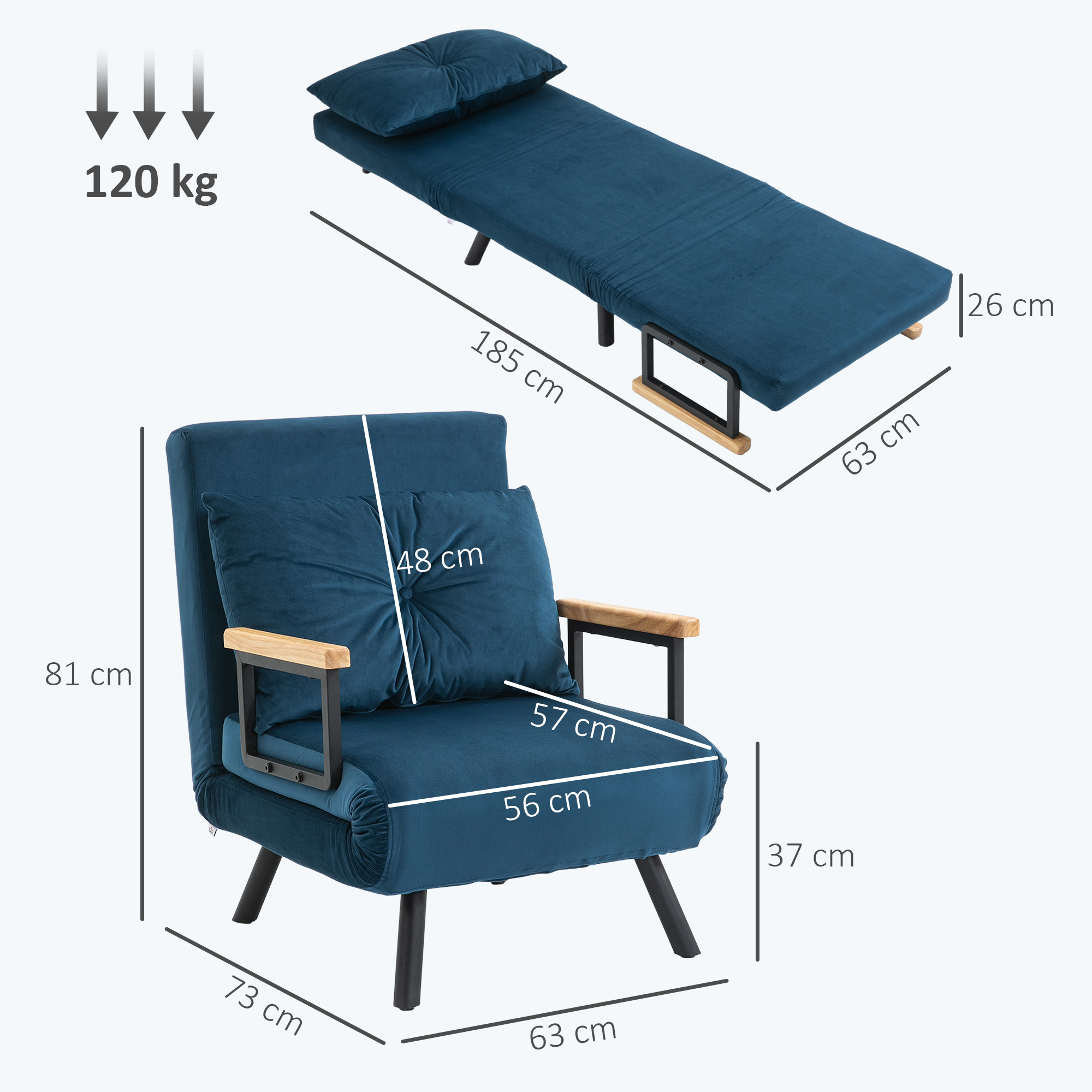 Un sillón y cama azul con dimensiones. Carga máxima 120 kg.