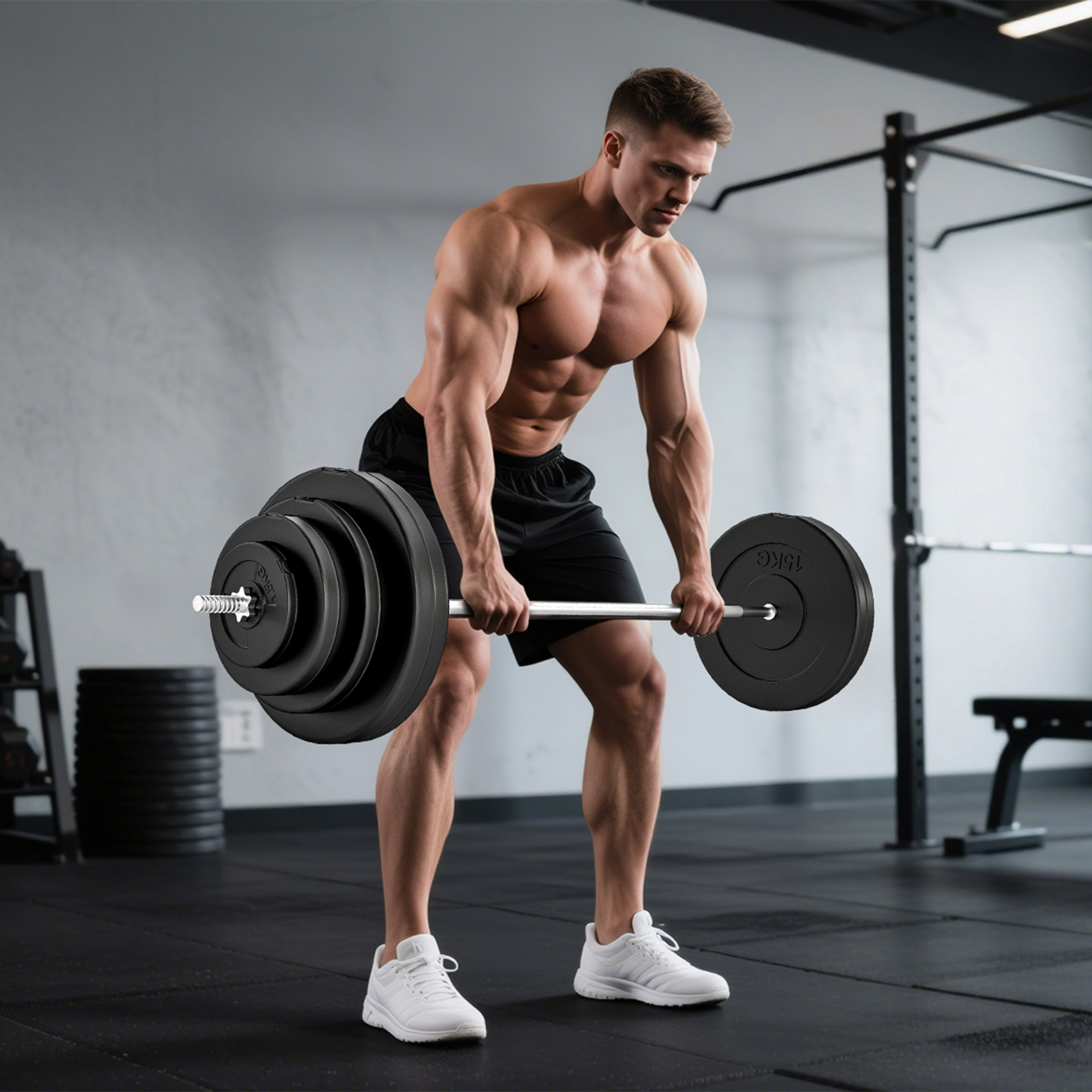 Un hombre musculoso levanta una barra con pesas en un gimnasio.