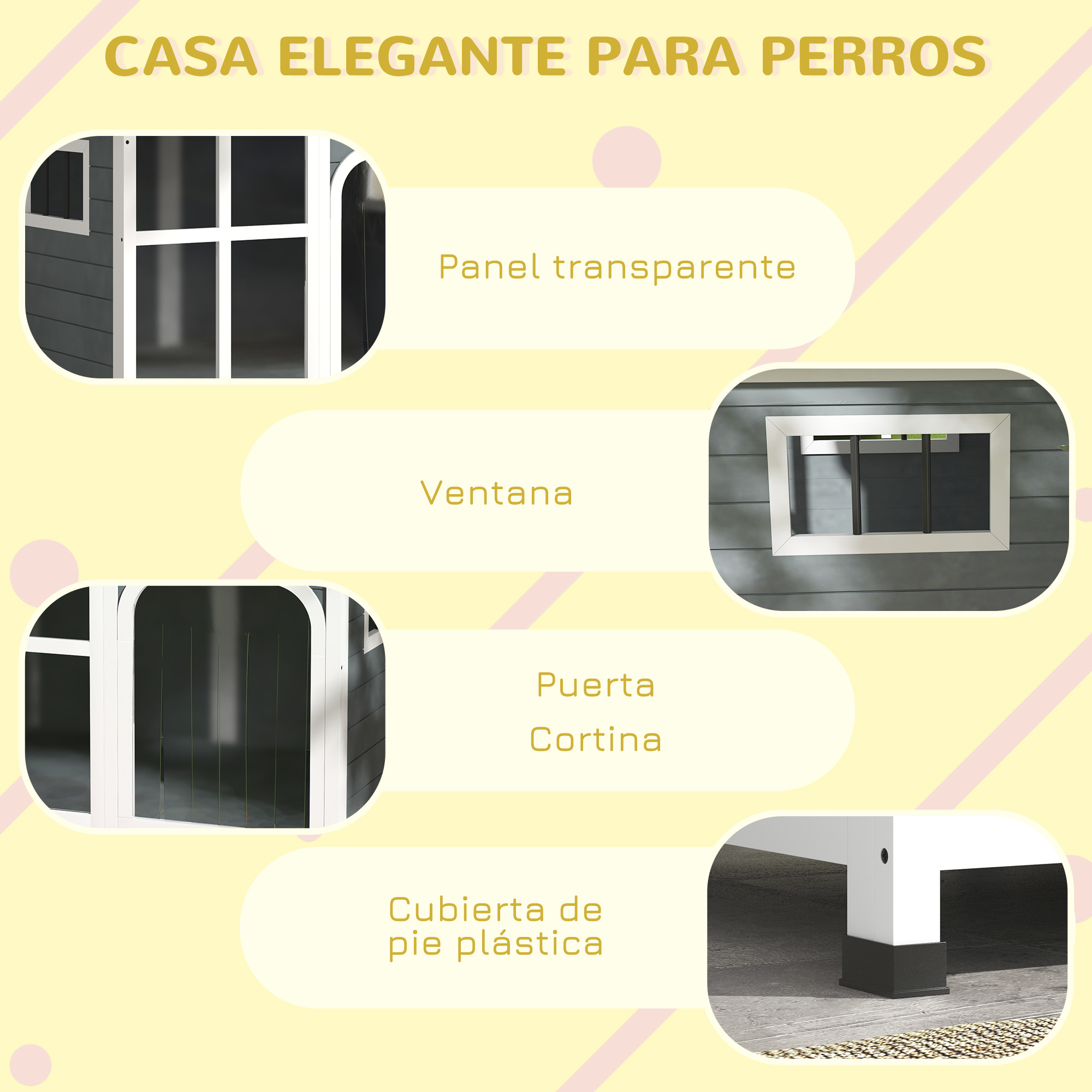 Una casa para perros con ventanas, puerta y patas de plástico.