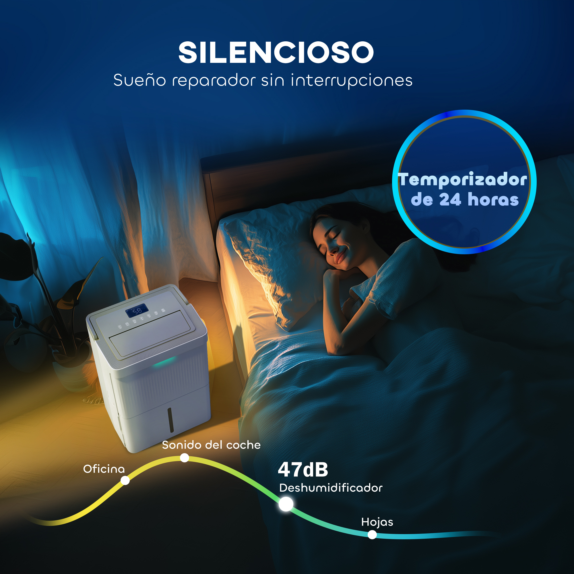 Una mujer duerme en la cama, un deshumidificador blanco a su lado. Temporizador.