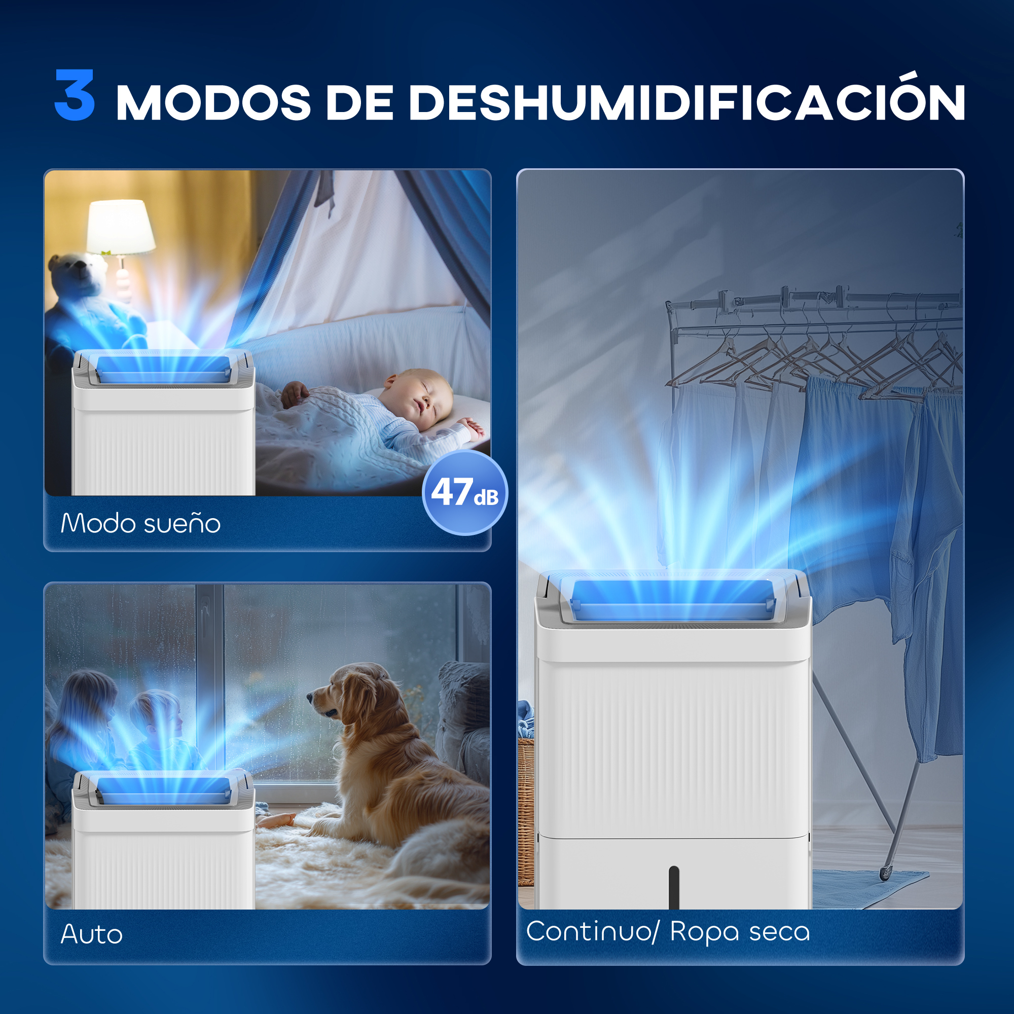 Un deshumidificador en tres modos: Sueño, Auto y Secado Continuo de Ropa.
