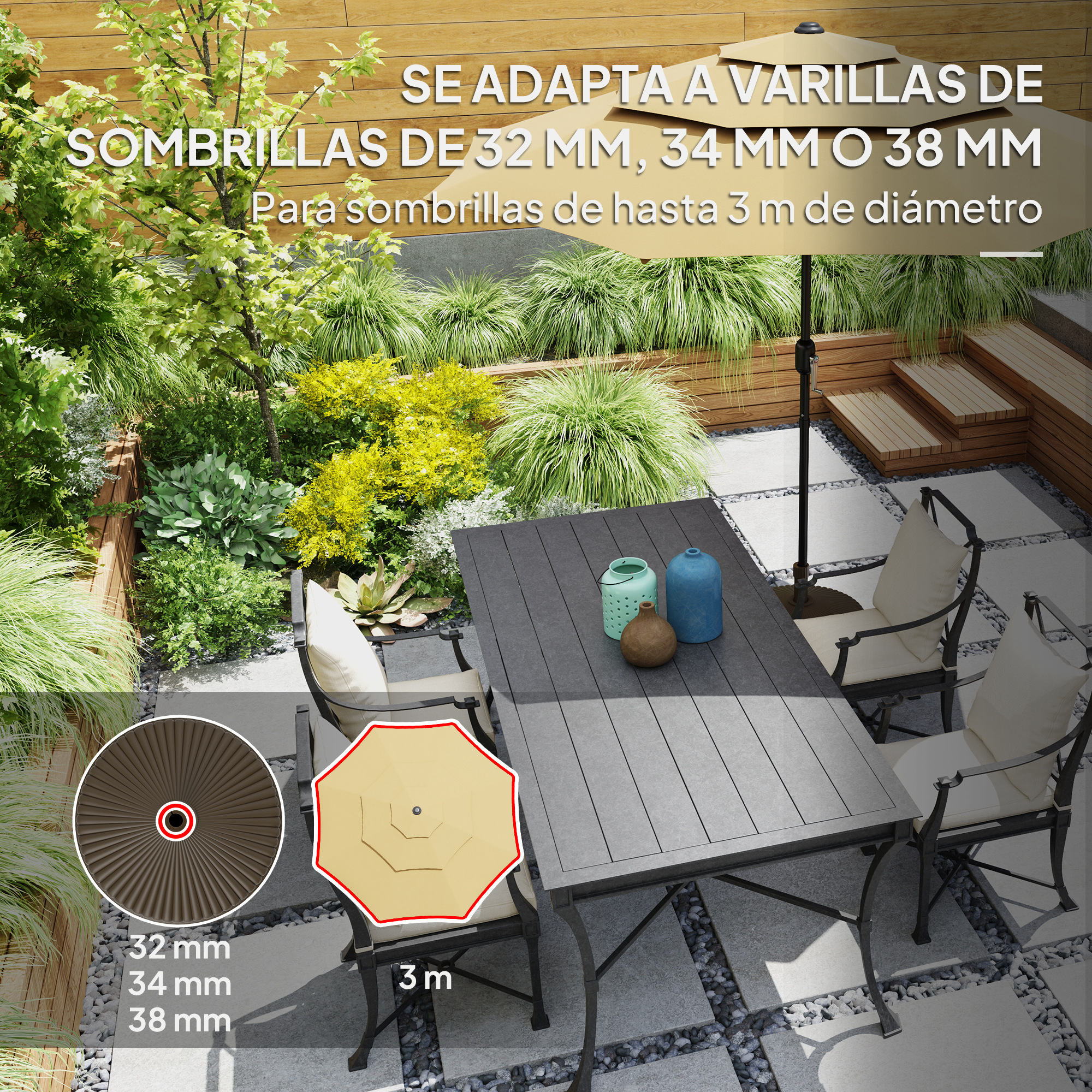 Mobiliario de exterior con sombrilla y mesa. Muestra especificaciones de tamaño.