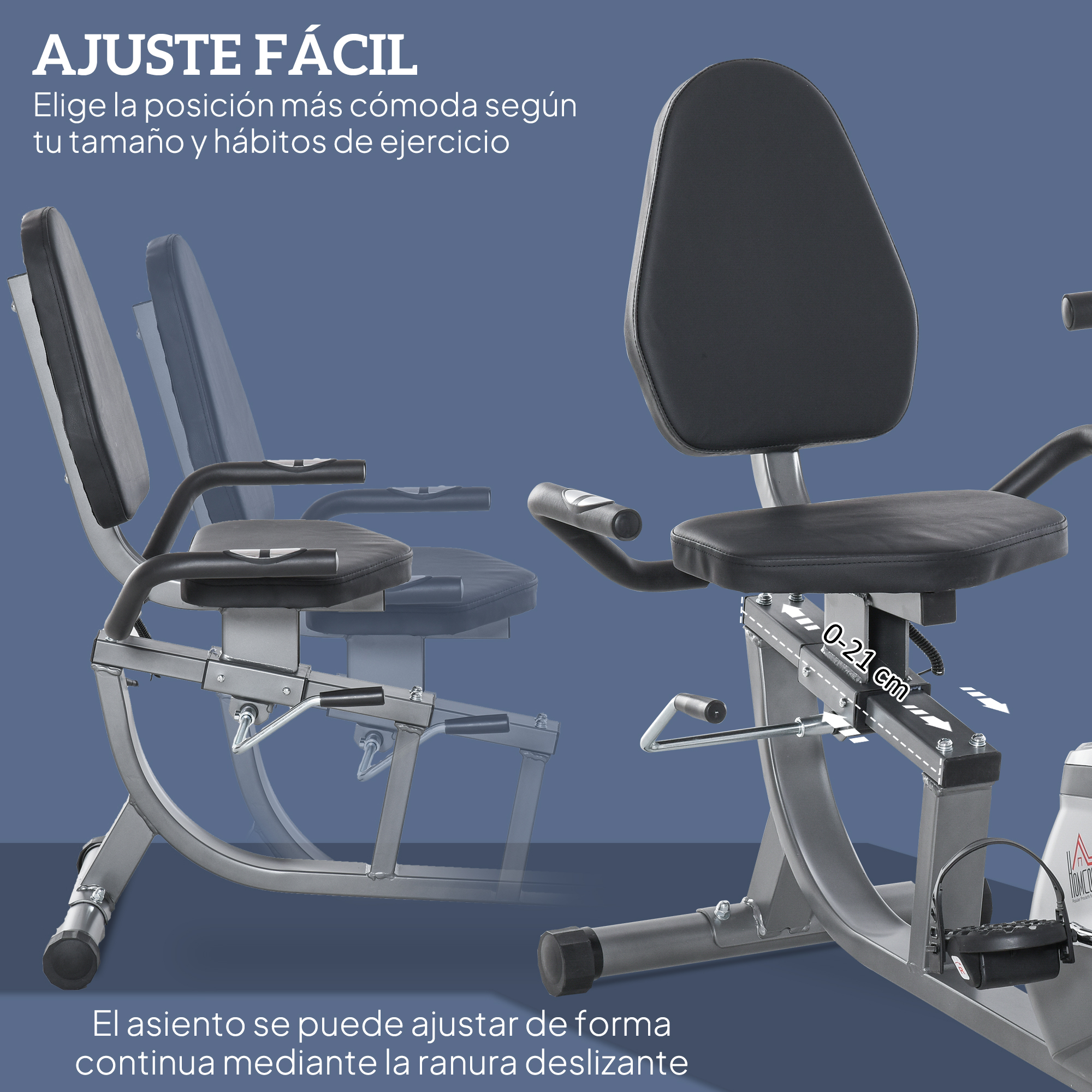 Asiento negro ajustable en bicicleta estática con manillar y pedales.