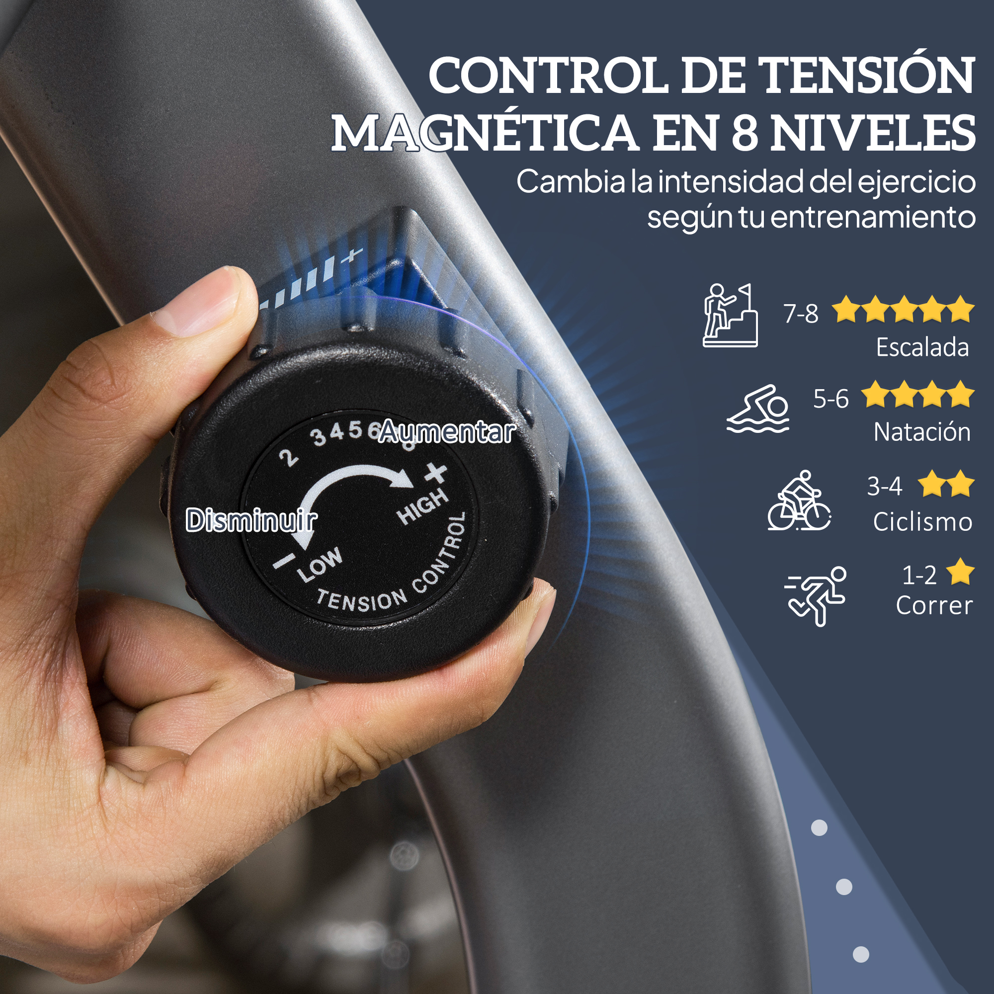 Mano girando un dial negro con números y flechas para ajustar la tensión.