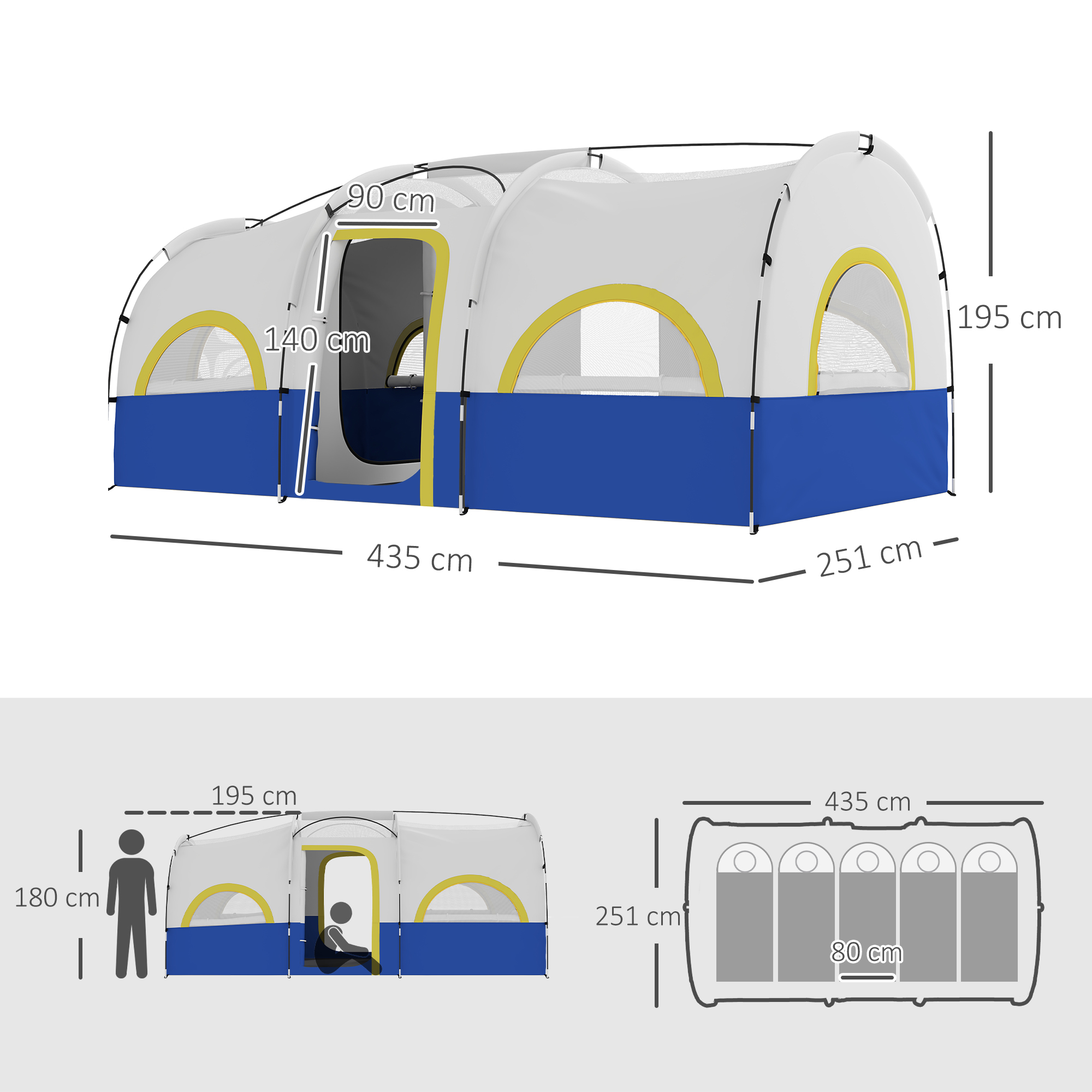 Una carpa grande azul y blanca con detalles amarillos y dimensiones.
