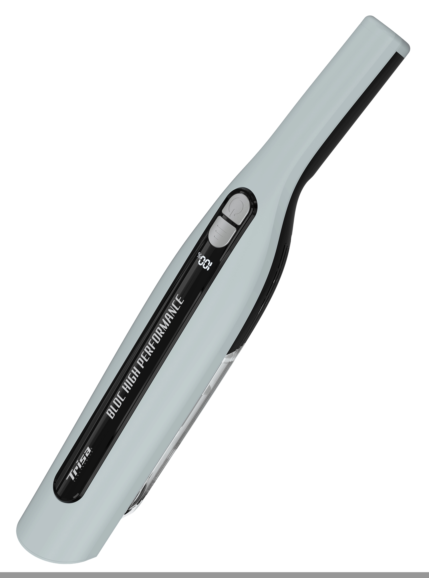 Ein grauer Handstaubsauger mit schwarzen Akzenten und einem digitalen Display.