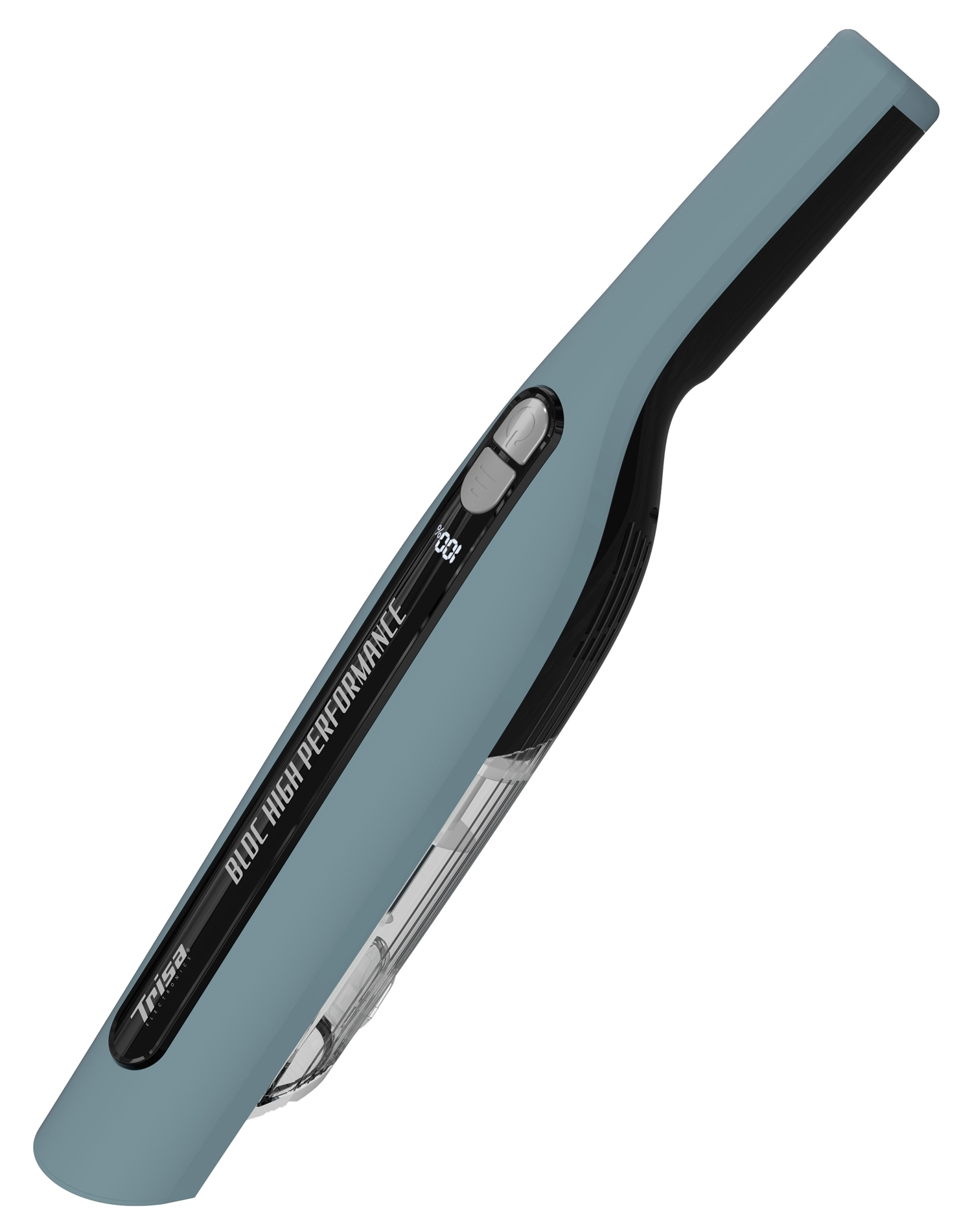 Ein blauer Handstaubsauger mit schwarzem Griff und transparentem Behälter.