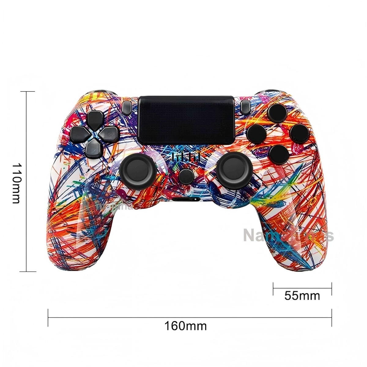 Ein Controller mit bunter Kritzel-Bemalung, weiße Basis, schwarze Tasten.