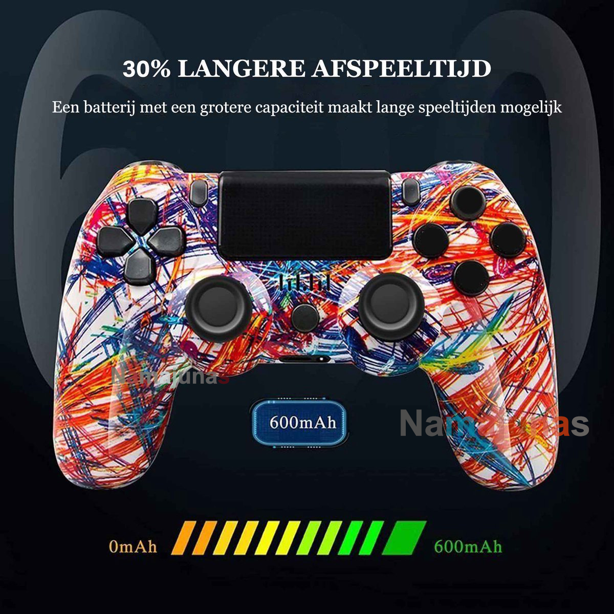 Bunter Controller mit 600mAh Akku. Zeigt 30% längere Spielzeit an.