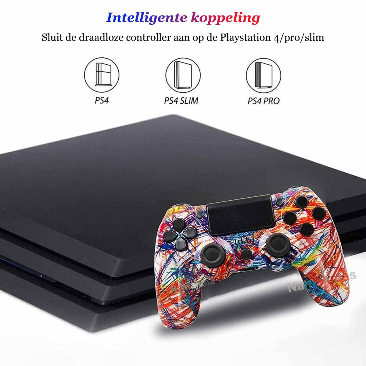 Ein bunter PS4 Controller liegt vor einer schwarzen PS4 Konsole.